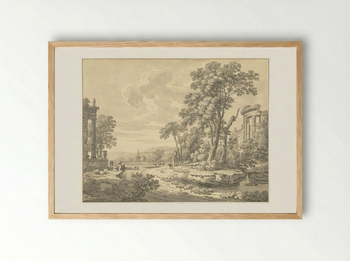 Italiaans landschap met ruïnes - Johann Heinrich Müntz - Framed Print Wood