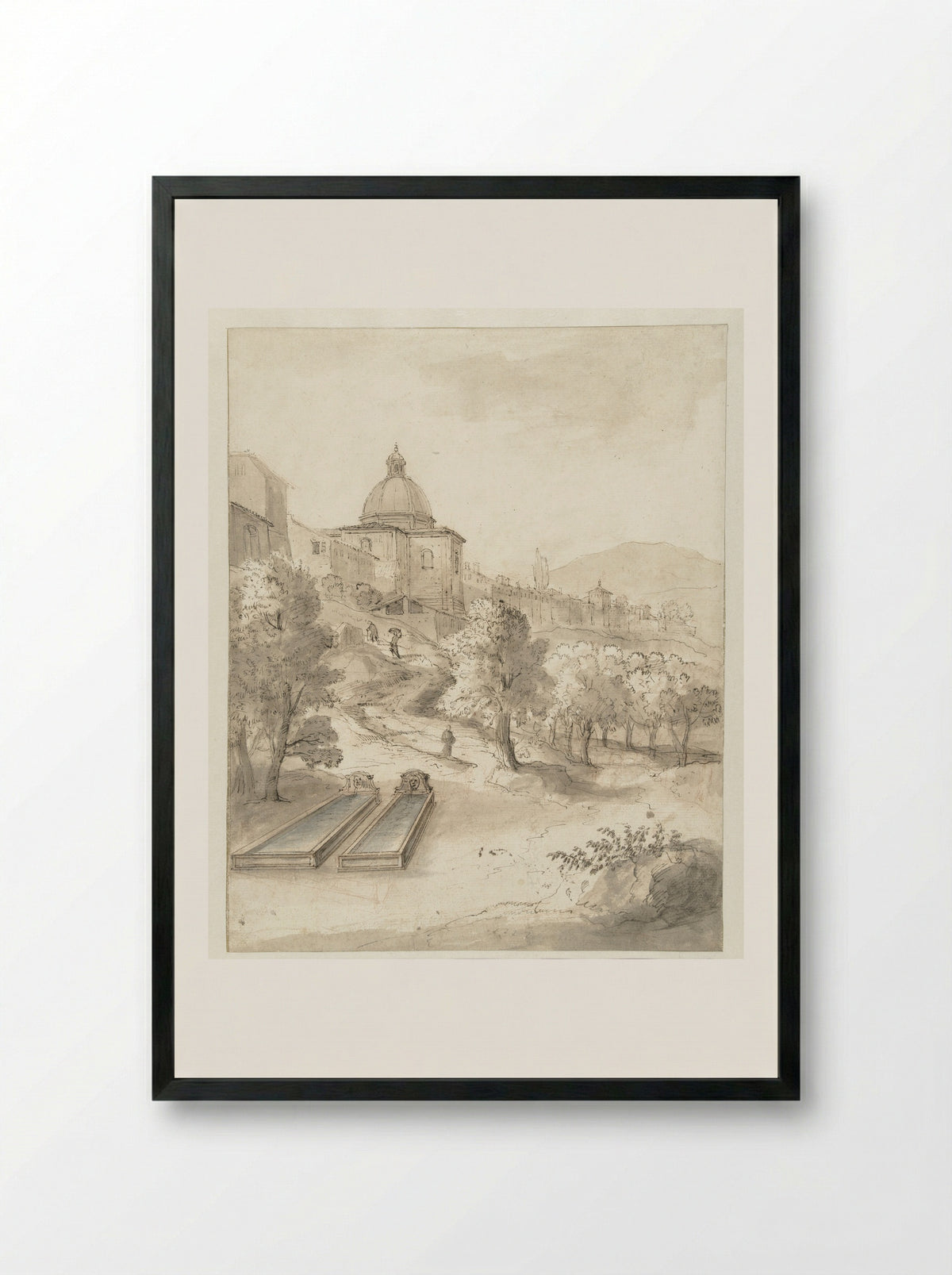 Italian Hill Town with Fountains - Caspar van Wittel - Framed Print Black