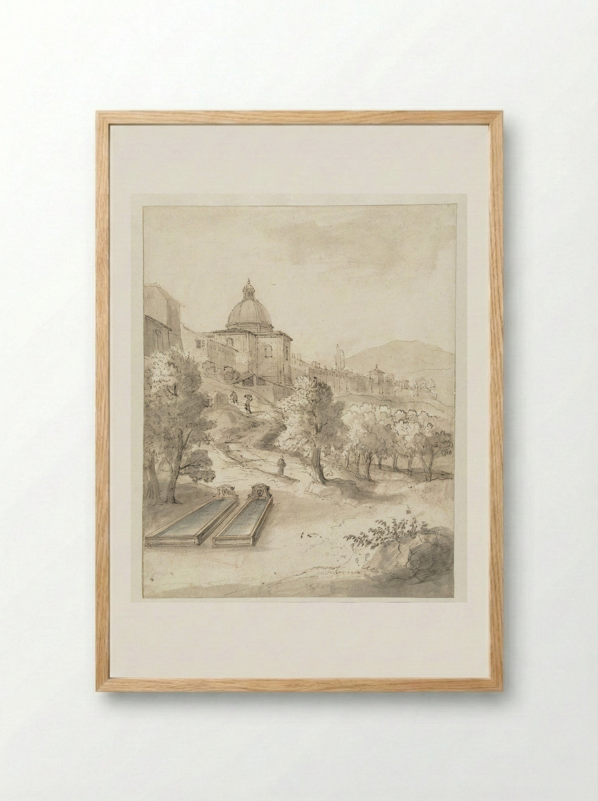 Italian Hill Town with Fountains - Caspar van Wittel - Framed Print Wood