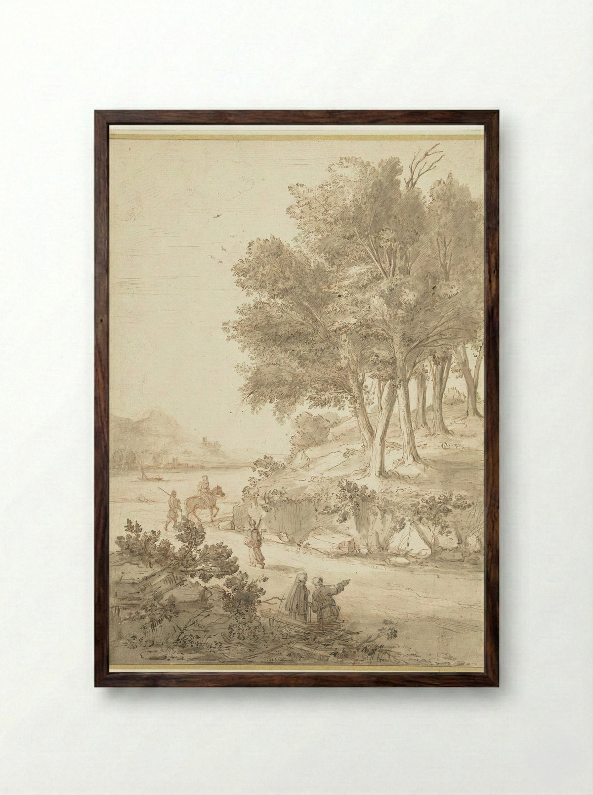 Italian Landscape with Figures on a Road and a River - Caspar van Wittel - Framed Print Dark Wood
