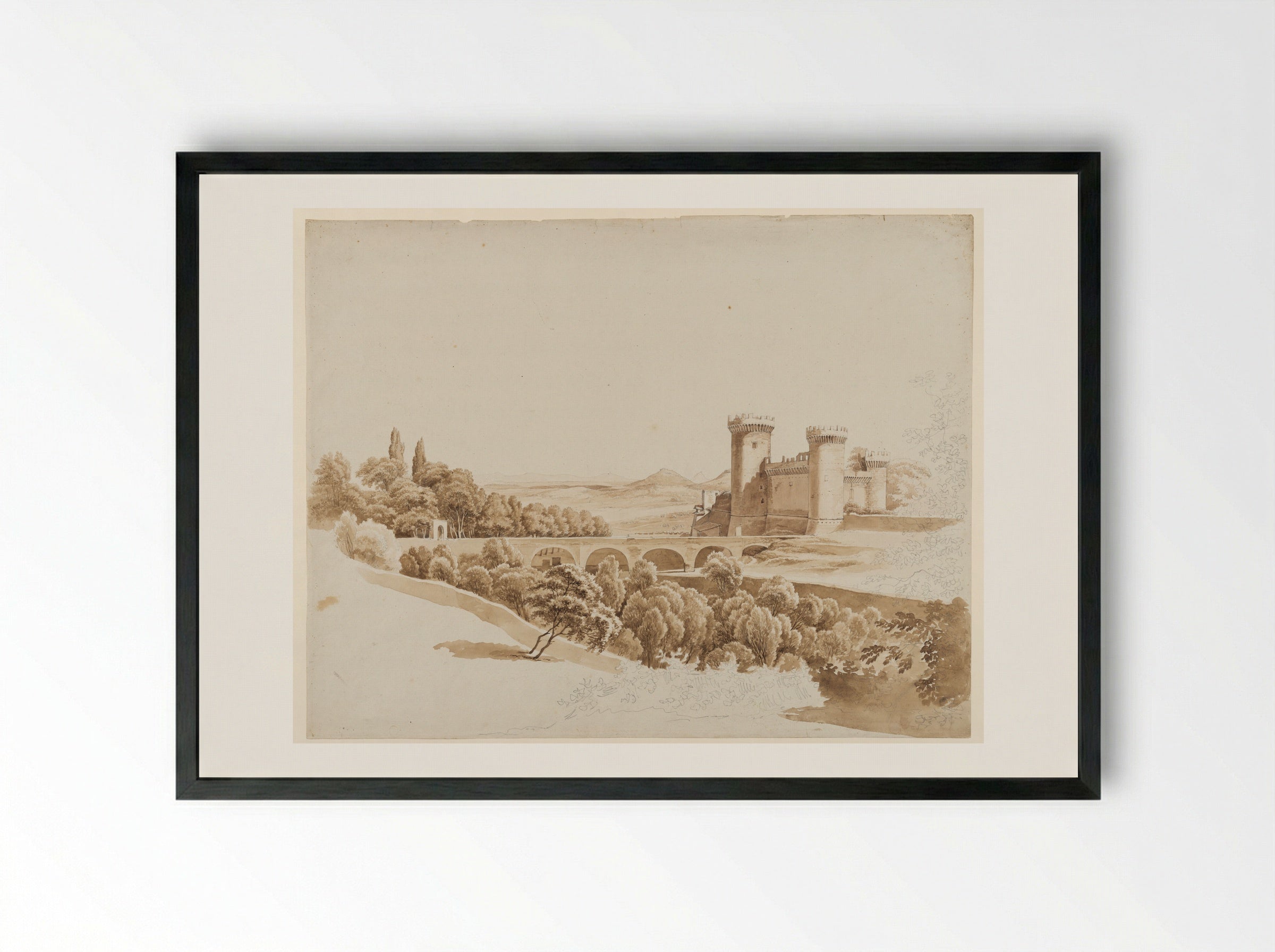 Italian Landscape with a Bridge and a Castle - Hendrik Voogd - Framed Print Black