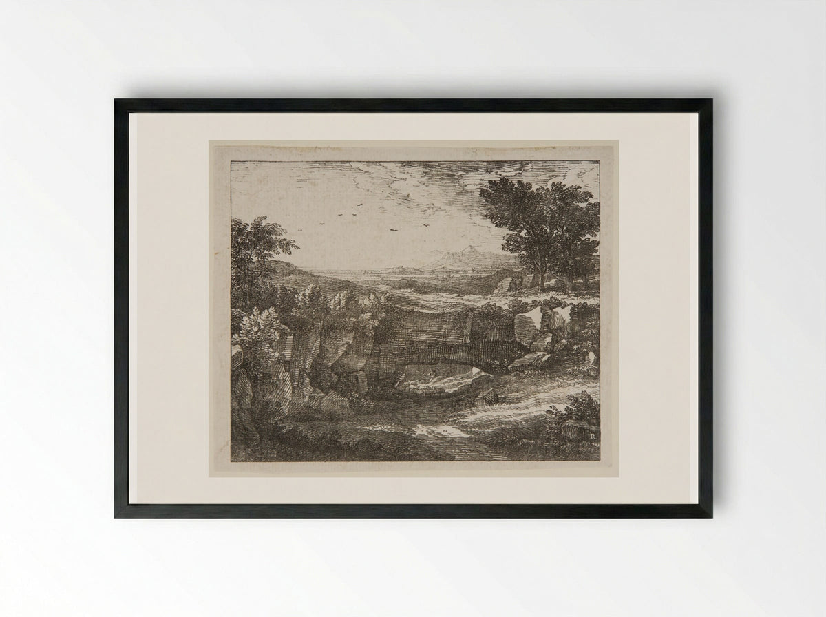 Italian Landscape with a Shepherd Driving His Flock Beneath a Natural Arch - Johann Christian Reinhart - Framed Print Black