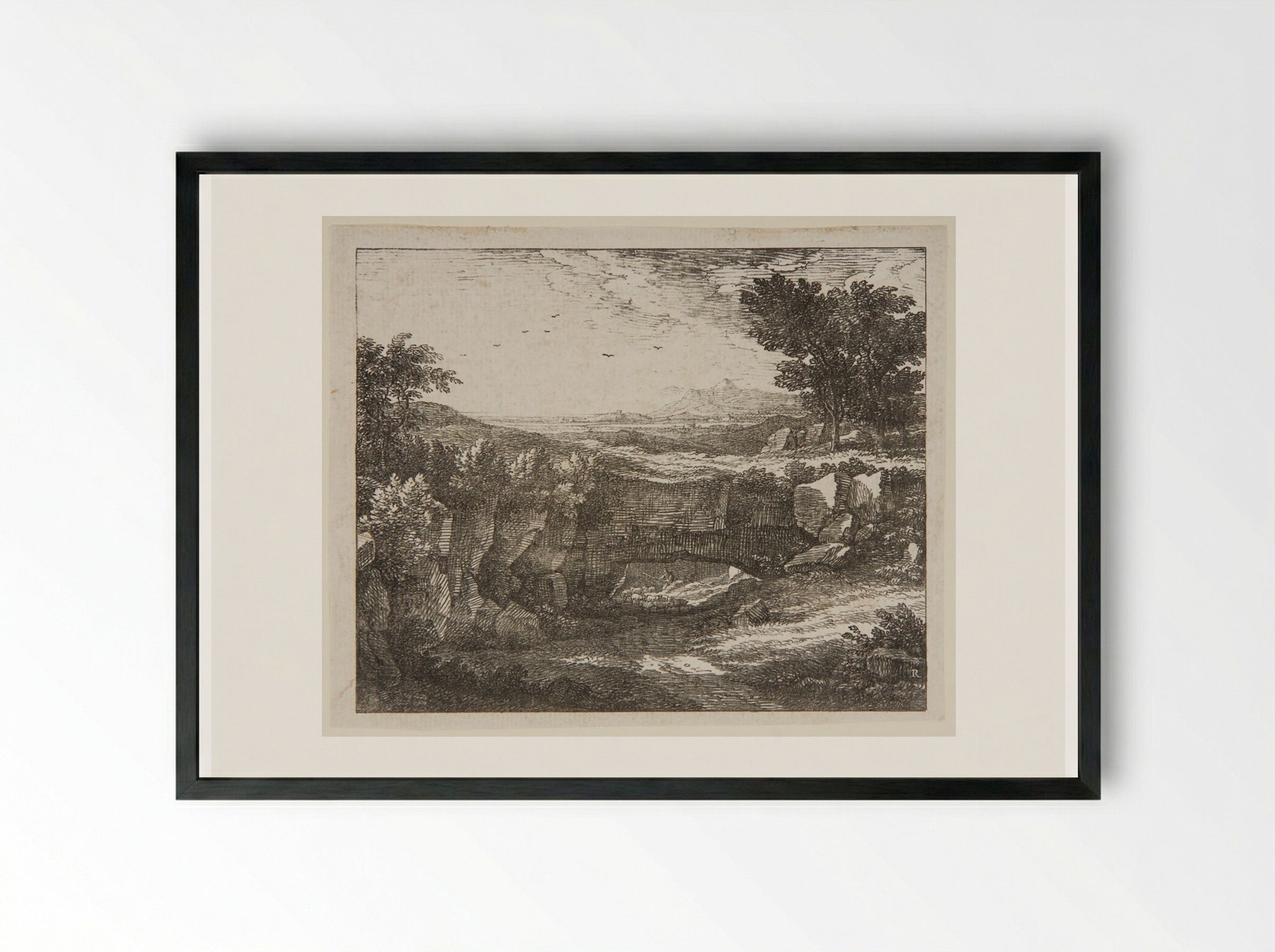 Italian Landscape with a Shepherd Driving His Flock Beneath a Natural Arch - Johann Christian Reinhart - Framed Print Black