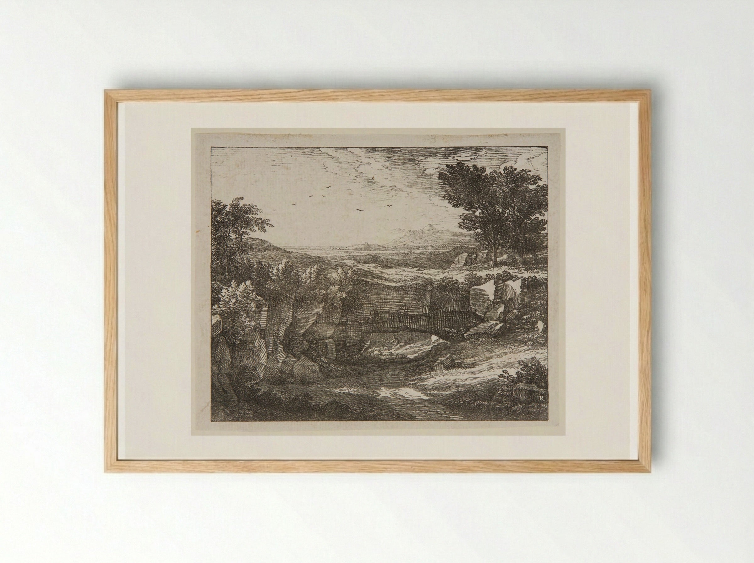 Italian Landscape with a Shepherd Driving His Flock Beneath a Natural Arch - Johann Christian Reinhart - Framed Print Wood
