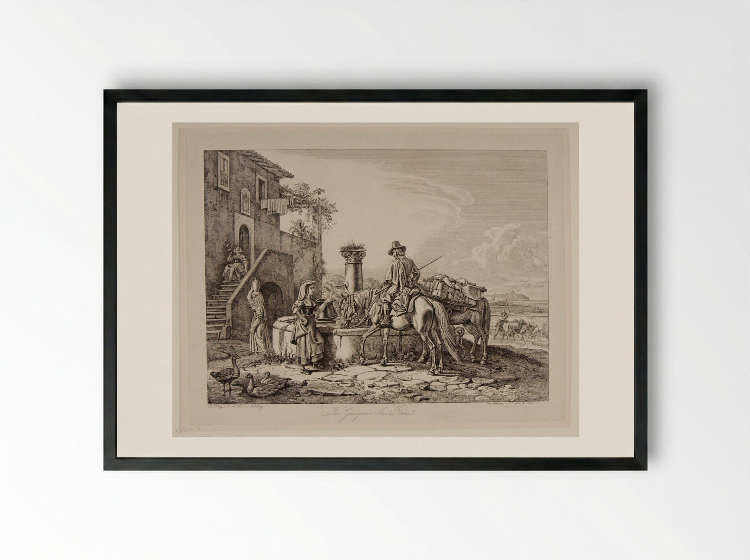 Italian Peasants at a Fountain - Johann Adam Klein - Framed Print Black