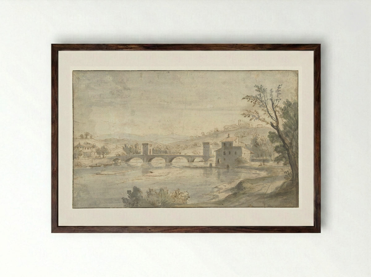 Italian River Scene with a Bridge - Caspar van Wittel - Framed Print Dark Wood