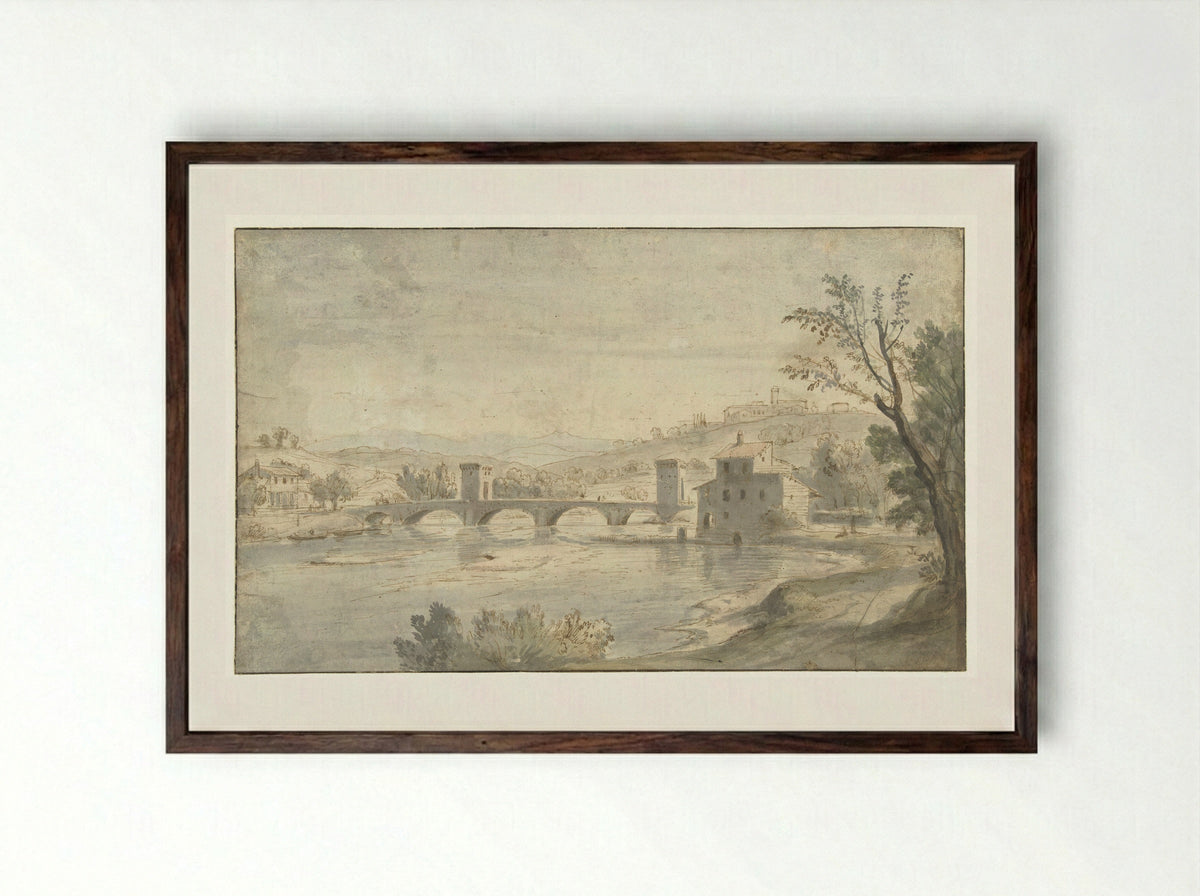 Italian River Scene with a Bridge - Caspar van Wittel - Framed Print Dark Wood