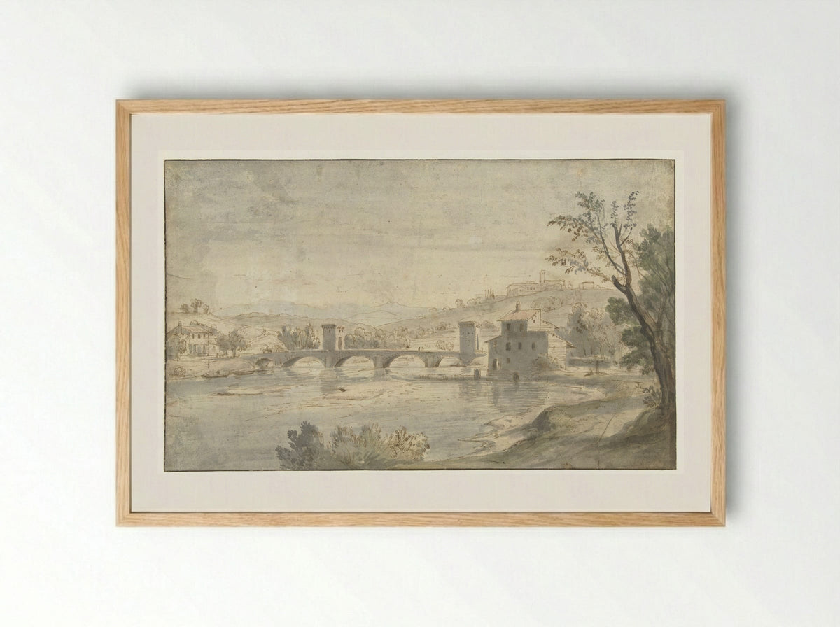 Italian River Scene with a Bridge - Caspar van Wittel - Framed Print Wood