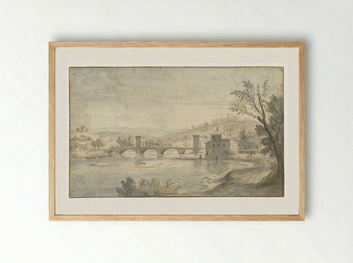 Italian River Scene with a Bridge - Caspar van Wittel - Framed Print Wood
