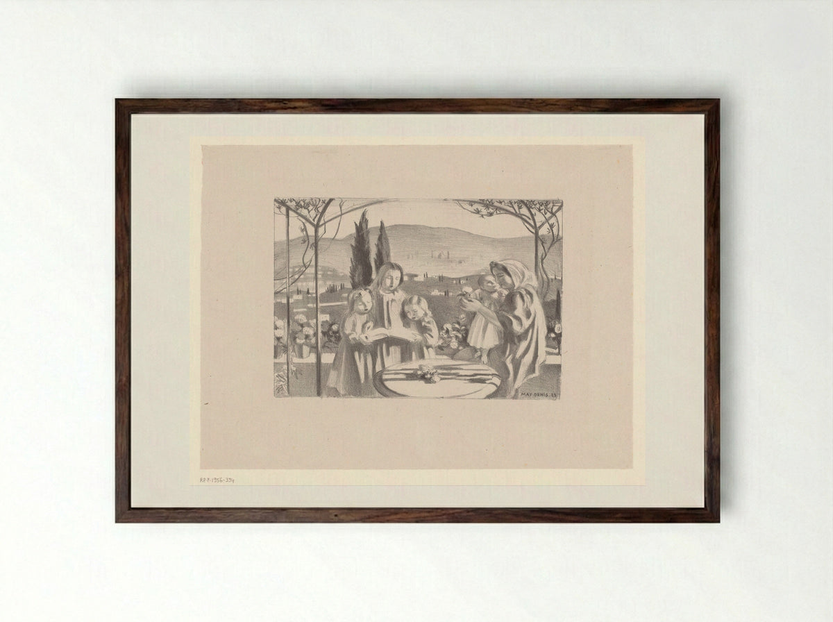 Italian Scene with Mother and Child and Three Singing Girls - Maurice Denis - Framed Print Dark Wood