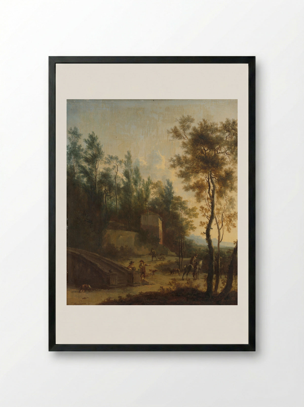 Italianate Landscape with Hunters - Frederik de Moucheron - Framed Print Black