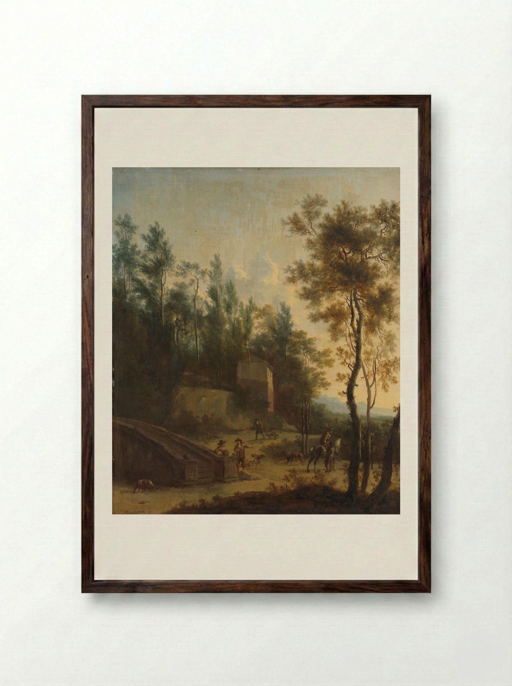 Italianate Landscape with Hunters - Frederik de Moucheron - Framed Print Dark Wood