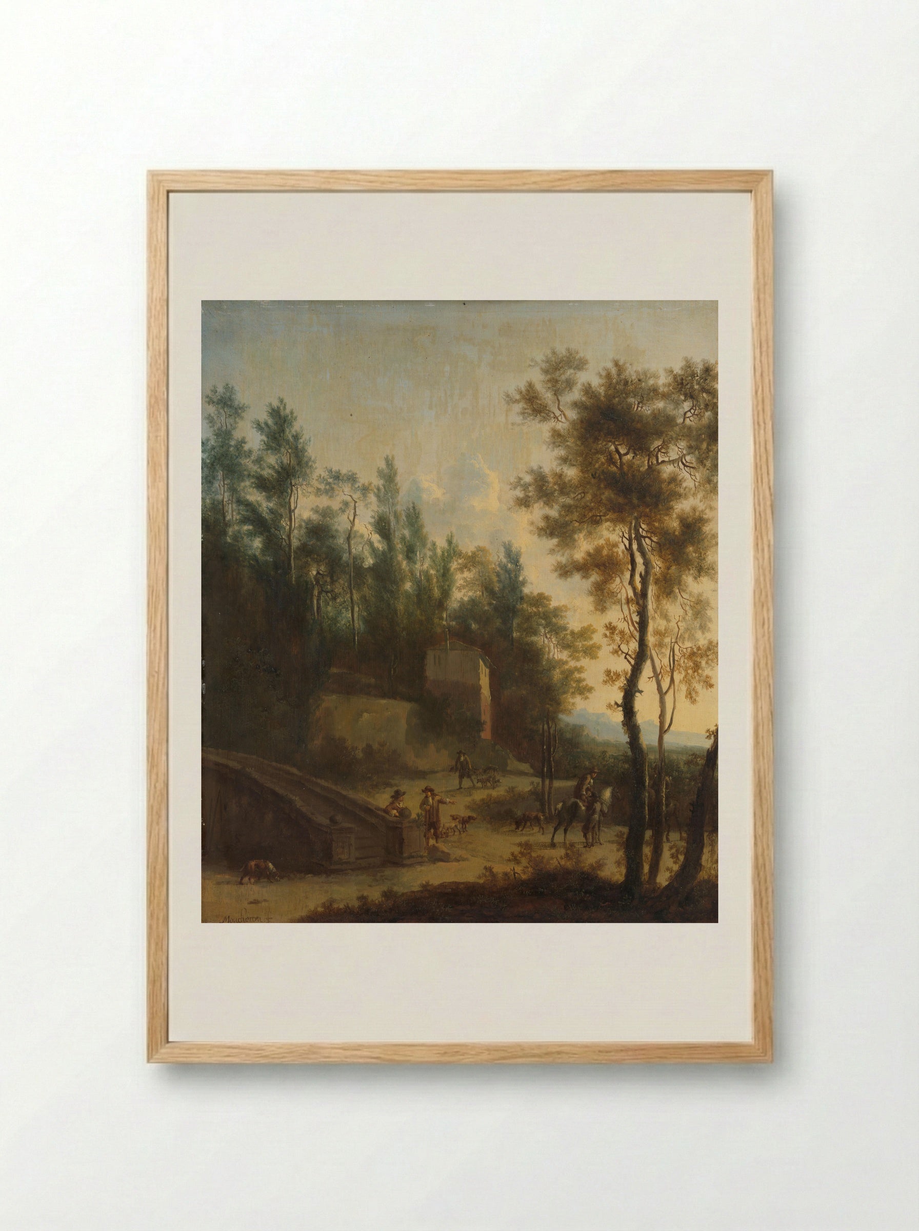Italianate Landscape with Hunters - Frederik de Moucheron - Framed Print Wood