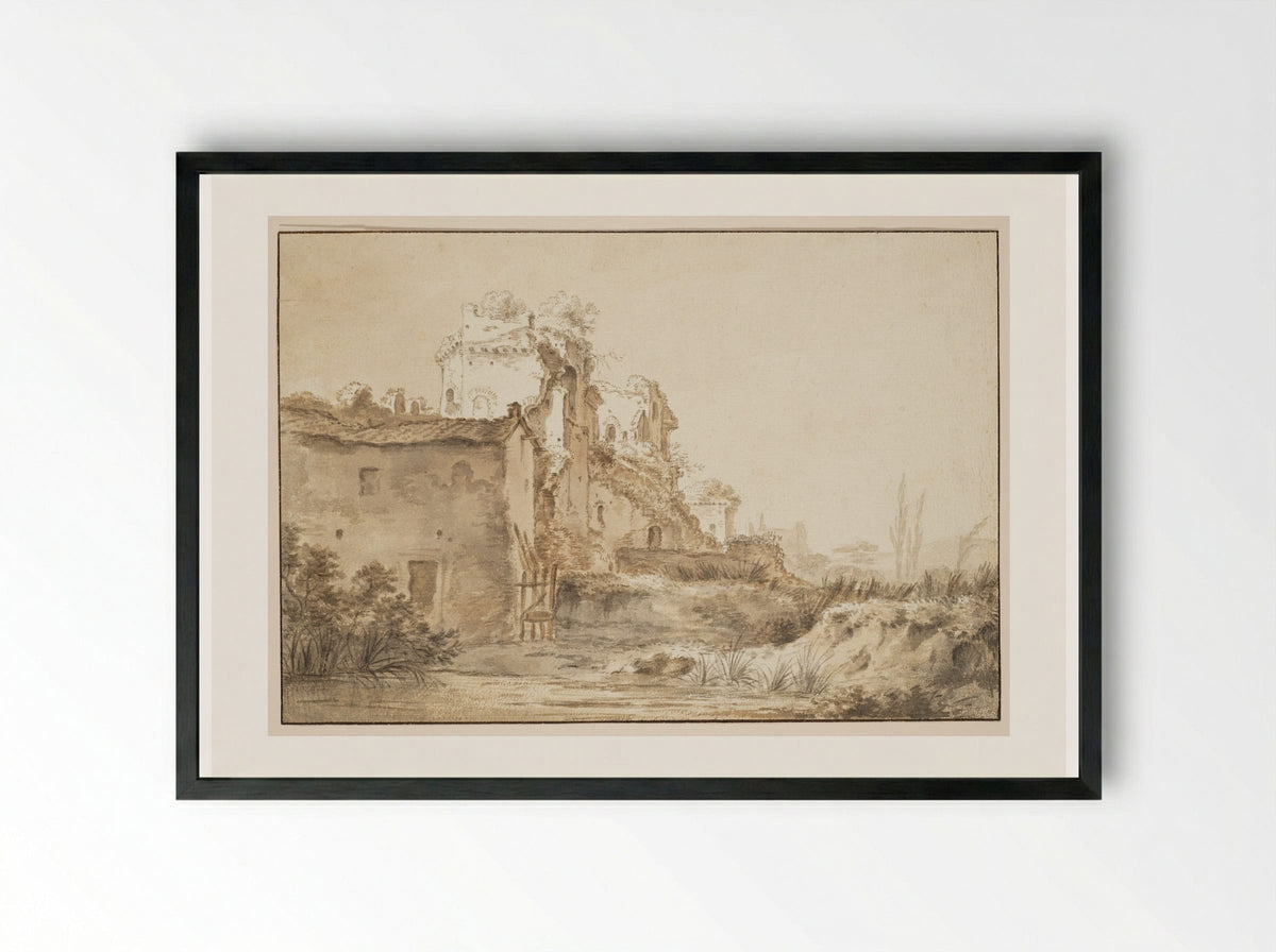Italianate Landscape with Ruins - Herman van Swanevelt - Framed Print Black
