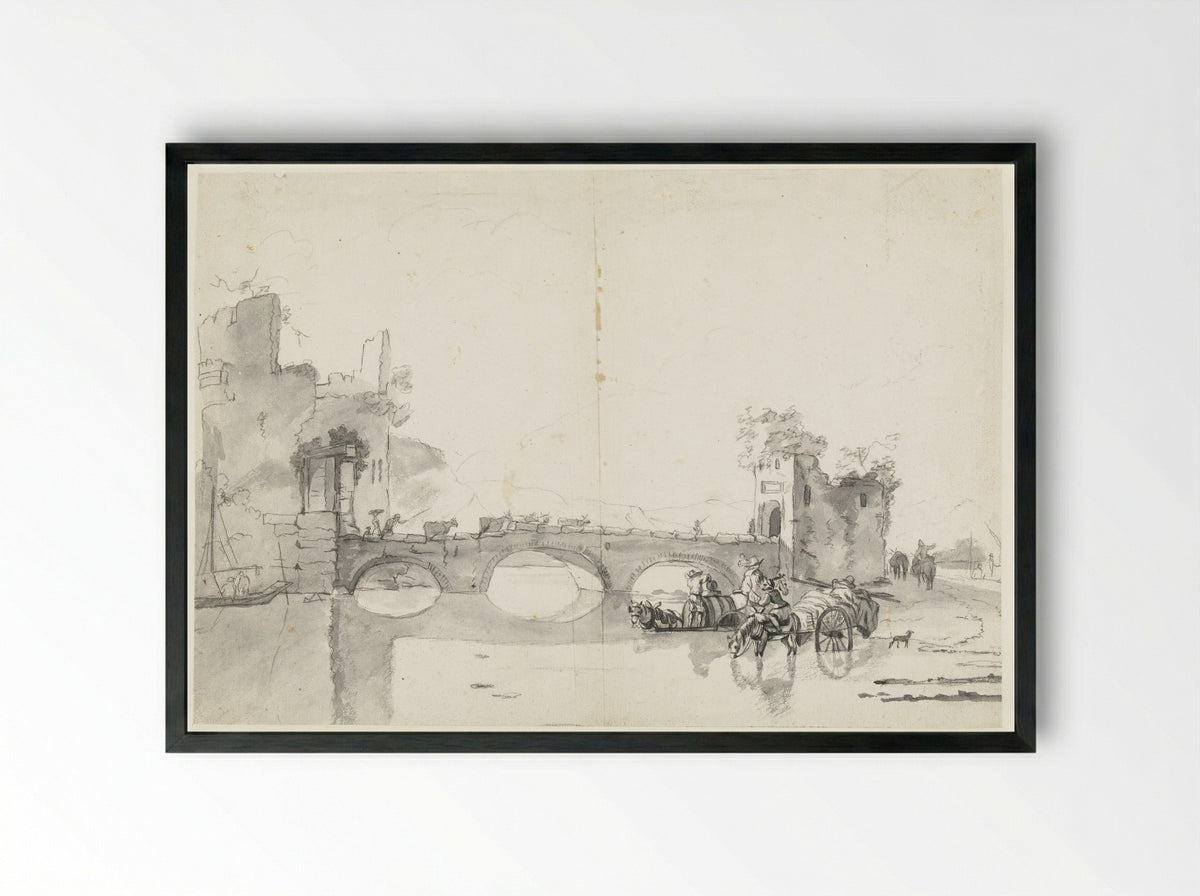 Italianate Landscape with Stone Bridge and River - Abraham Jansz Begeyn - Framed Print Black