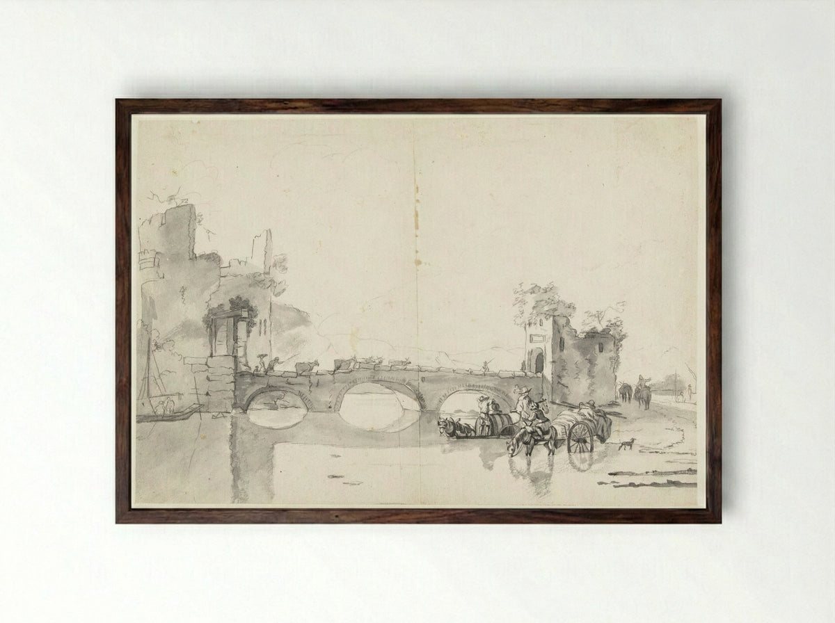 Italianate Landscape with Stone Bridge and River - Abraham Jansz Begeyn - Framed Print Dark Wood