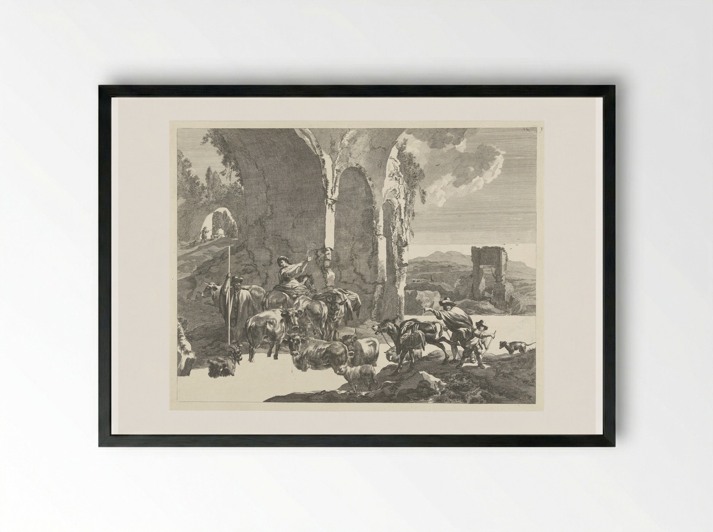 Italianiserend landschap met herders en vee - Abraham Delfos - Framed Print Black