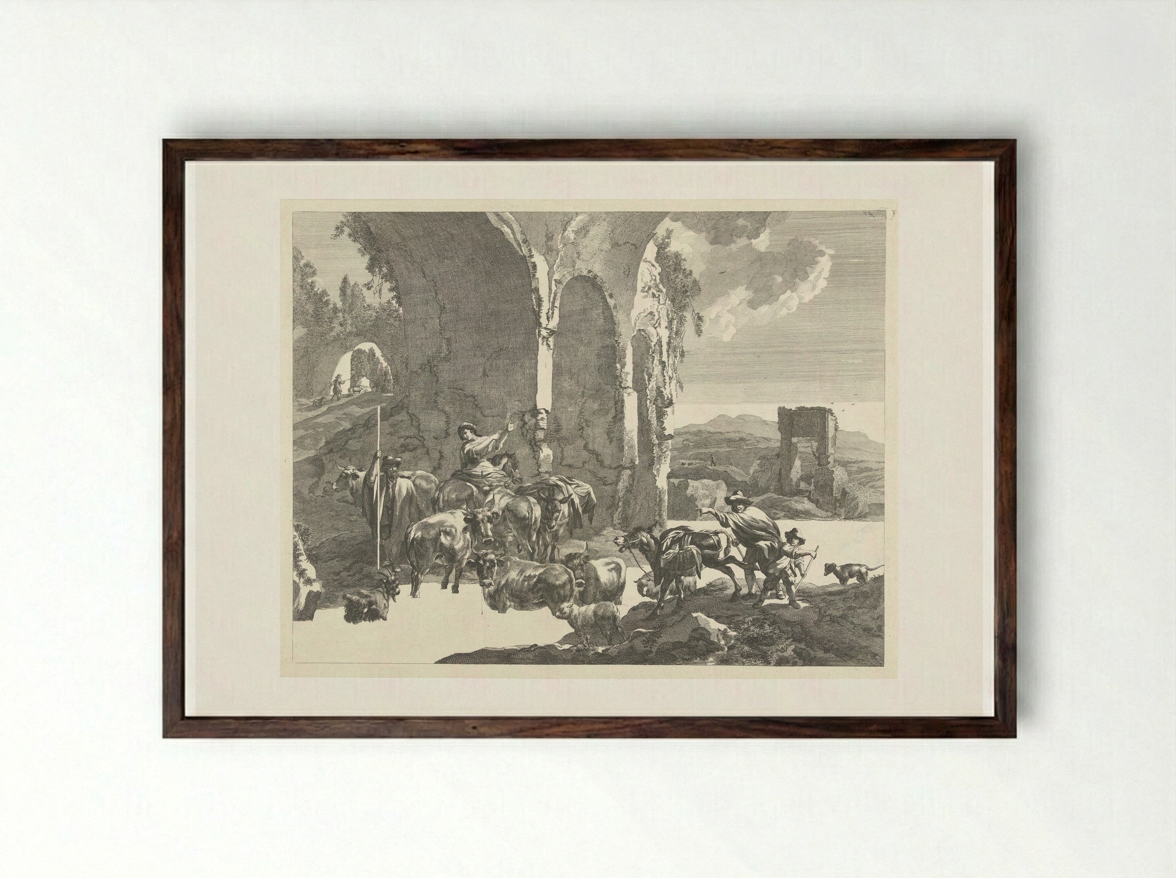 Italianiserend landschap met herders en vee - Abraham Delfos - Framed Print Dark Wood