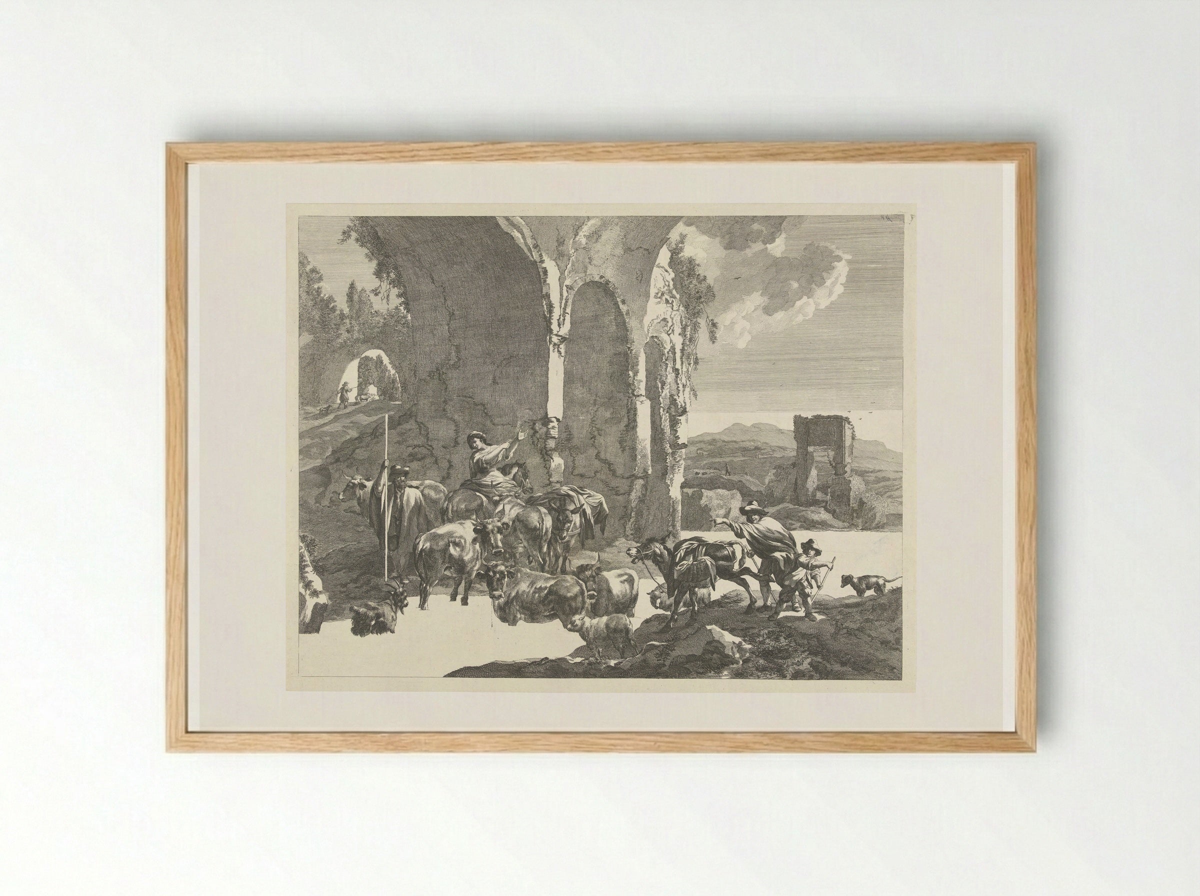 Italianiserend landschap met herders en vee - Abraham Delfos - Framed Print Wood