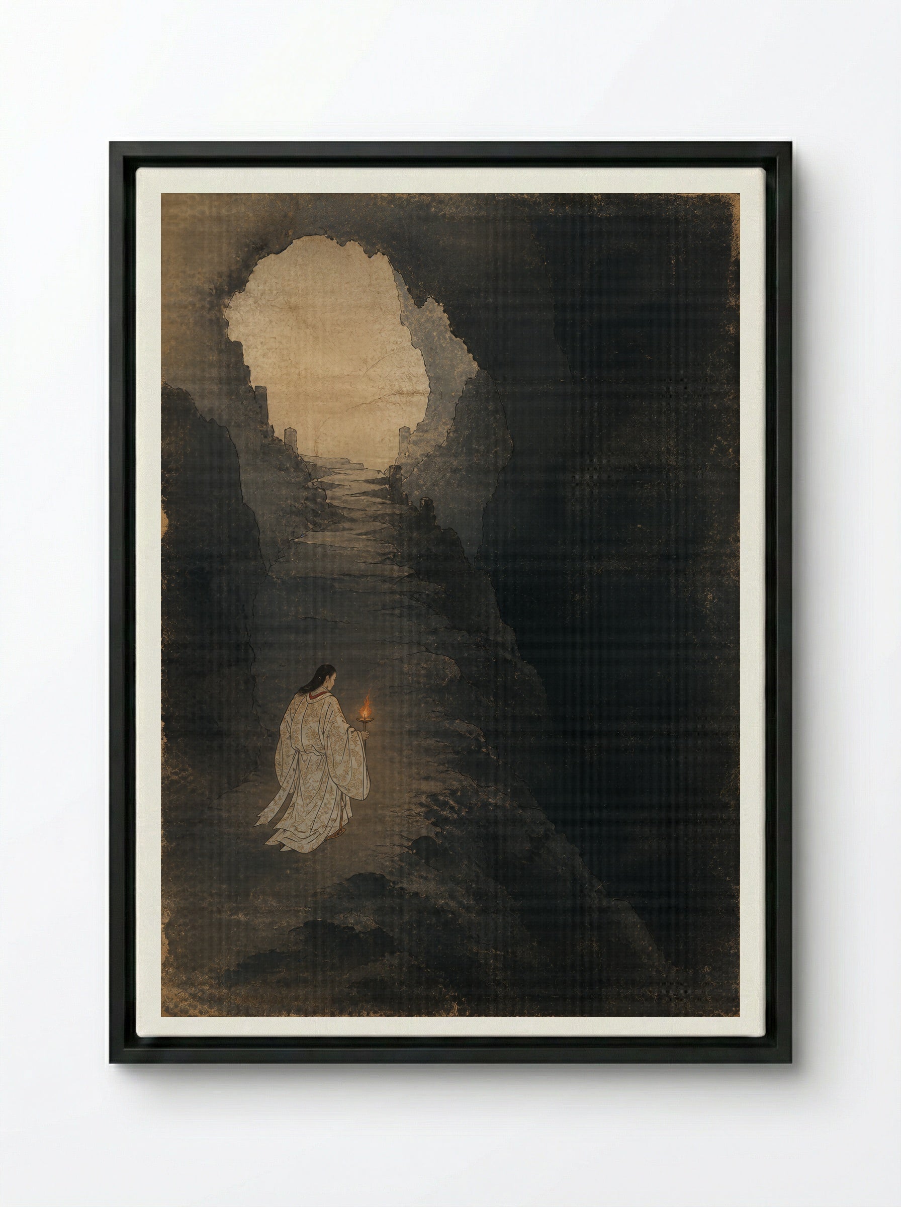 Izanagi at Yomi: Down the Slope of Yomi - Framed Canvas Black