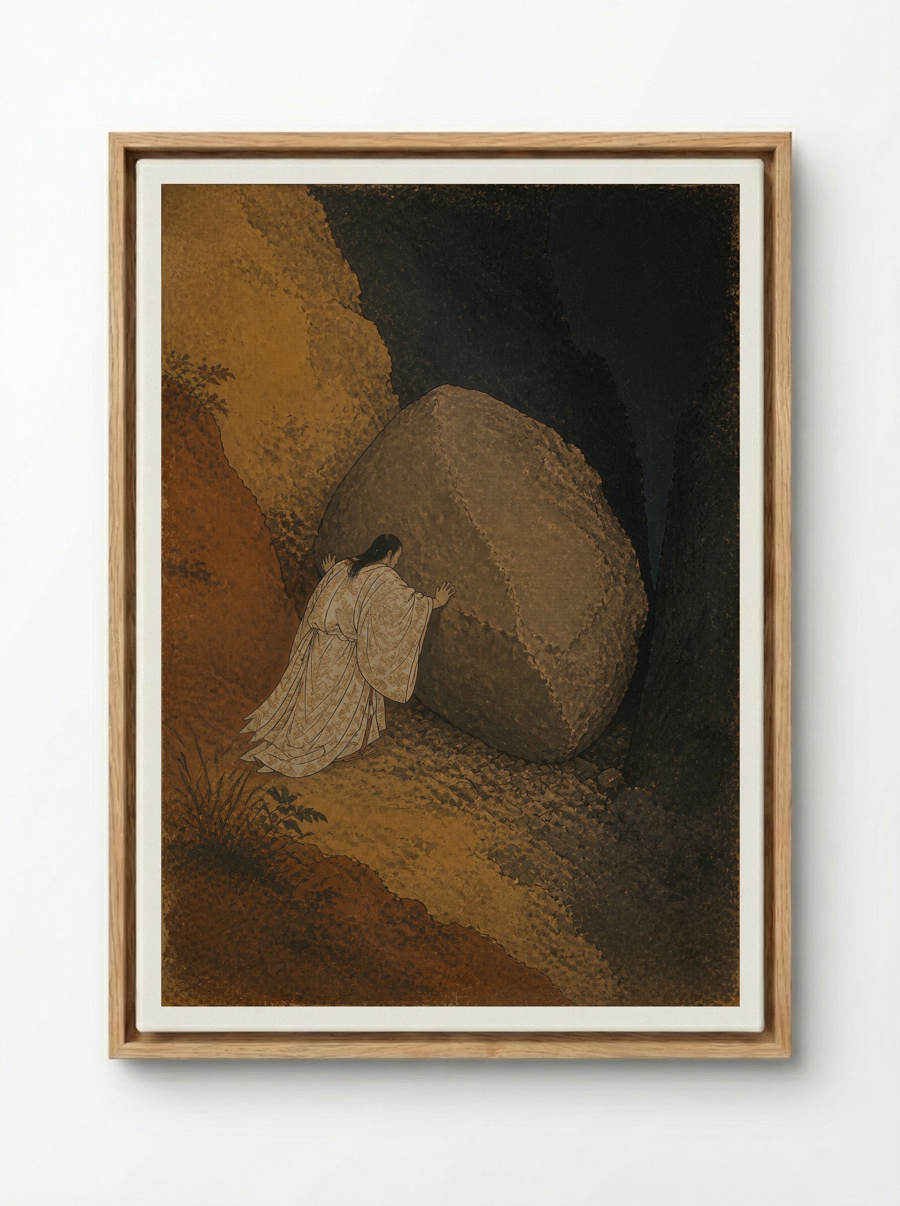 Izanagi at Yomi: The Stone Between Worlds - Framed Canvas Wood
