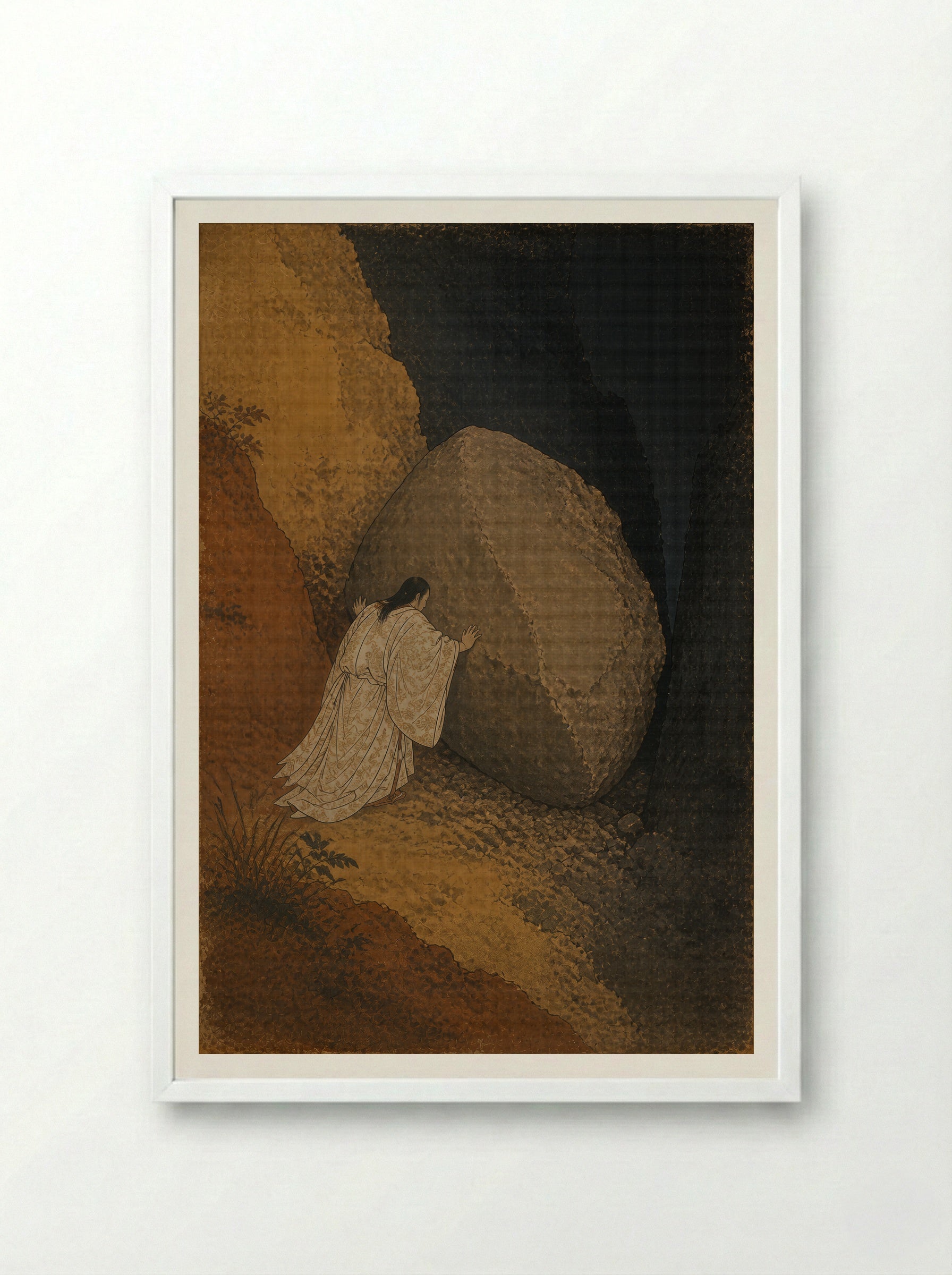 Izanagi at Yomi: The Stone Between Worlds - Framed Print White