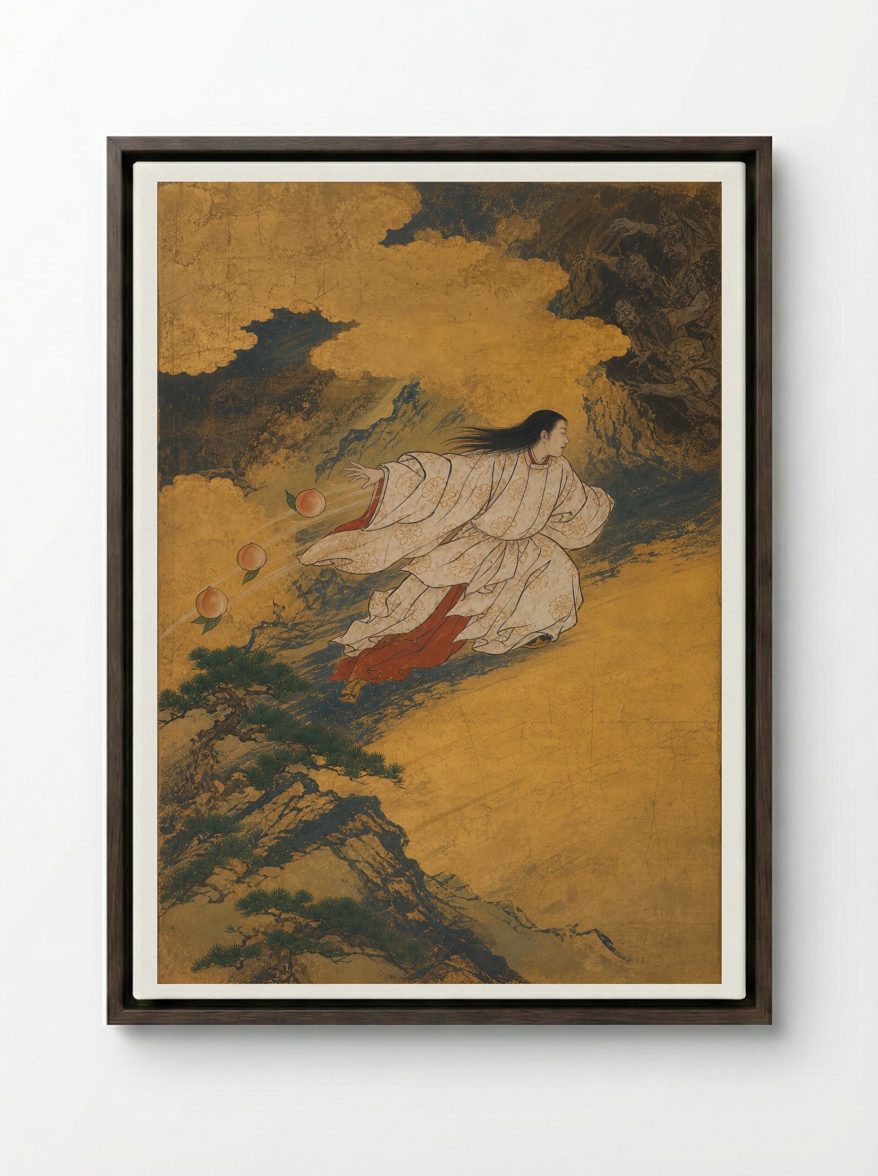 Izanagi at Yomi: Three Peaches at the Pass - Framed Canvas Dark Wood
