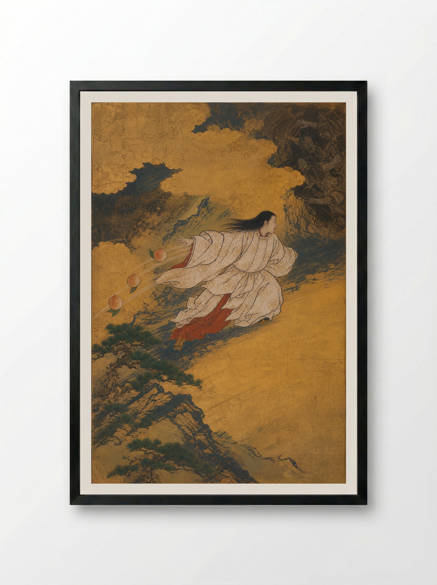 Izanagi at Yomi: Three Peaches at the Pass - Framed Print Black