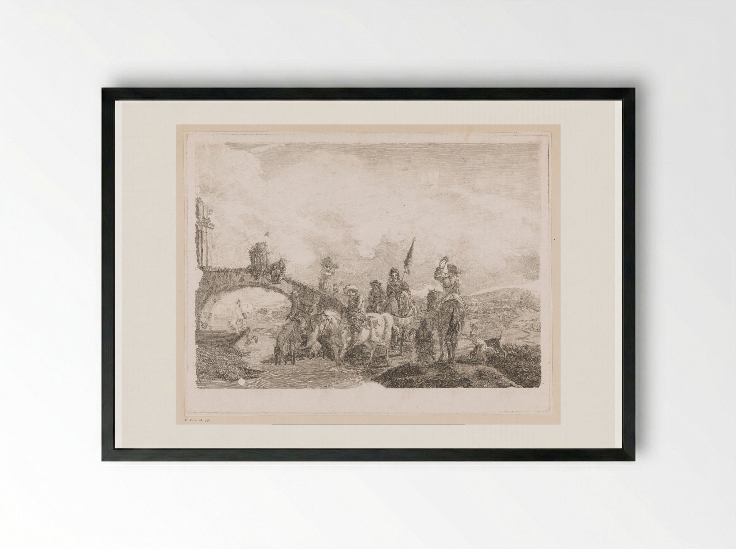 Jachtgezelschap laat paarden drinken aan de voet van brug - Jean Moyreau - Framed Print Black