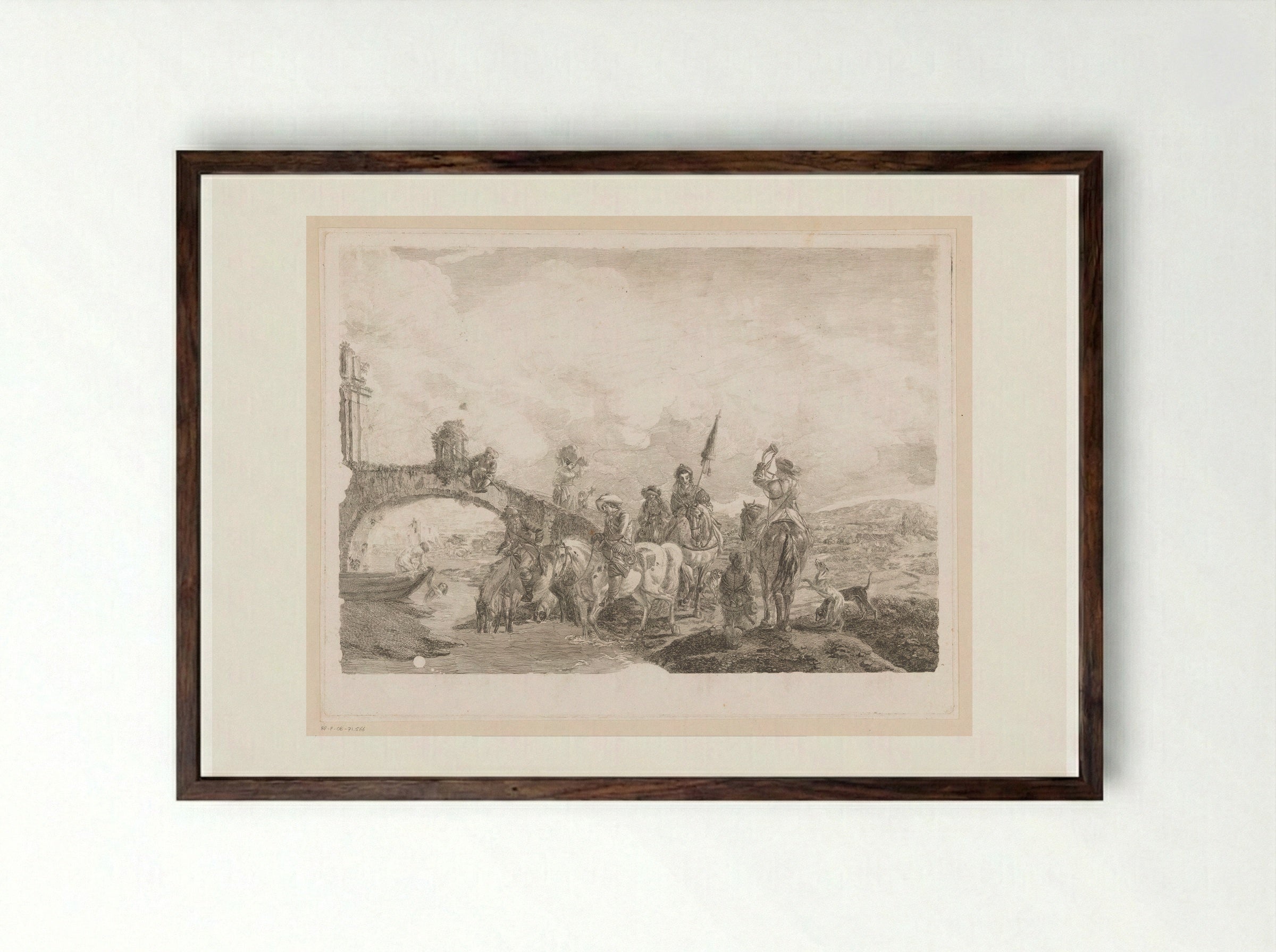 Jachtgezelschap laat paarden drinken aan de voet van brug - Jean Moyreau - Framed Print Dark Wood