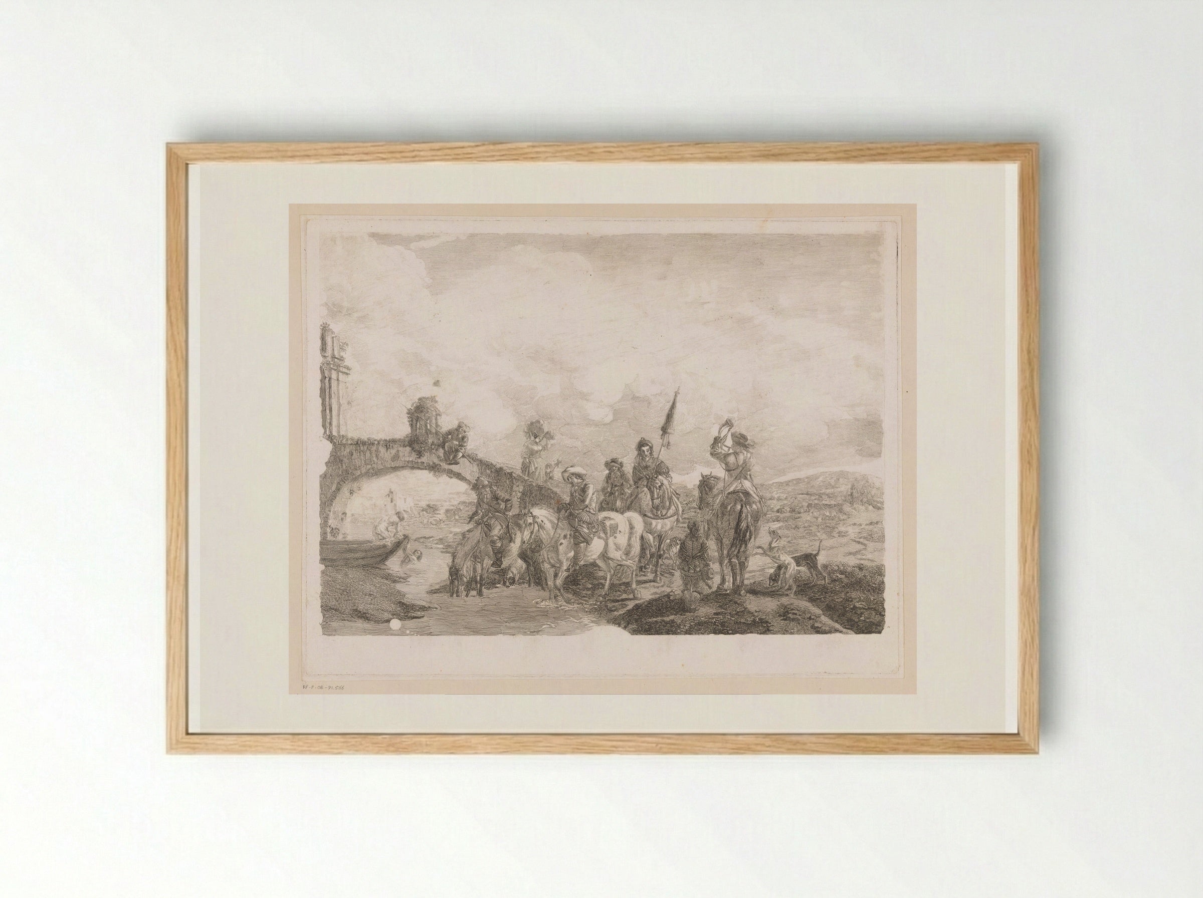 Jachtgezelschap laat paarden drinken aan de voet van brug - Jean Moyreau - Framed Print Wood