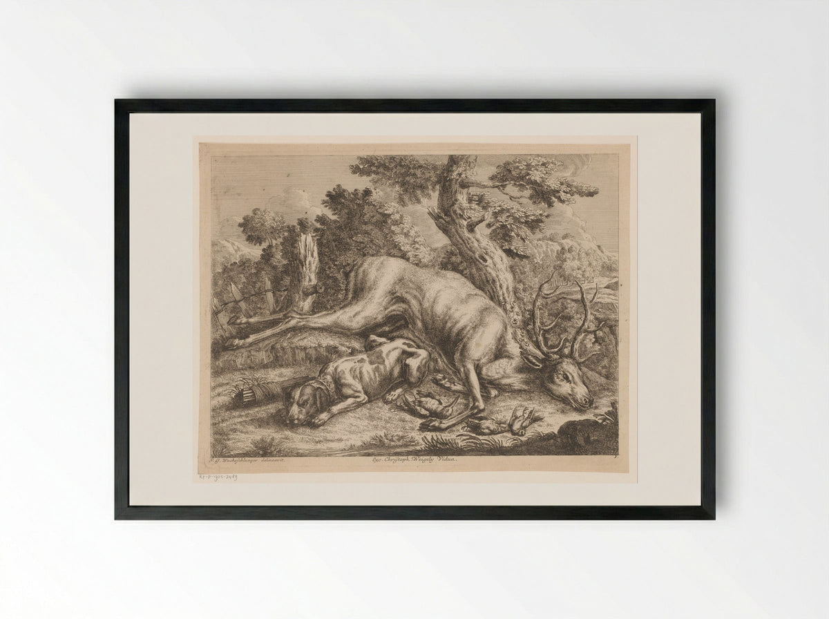 Jachthond en jachtbuit met hert en vogels - Johann Georg Wachsschlunger - Framed Print Black