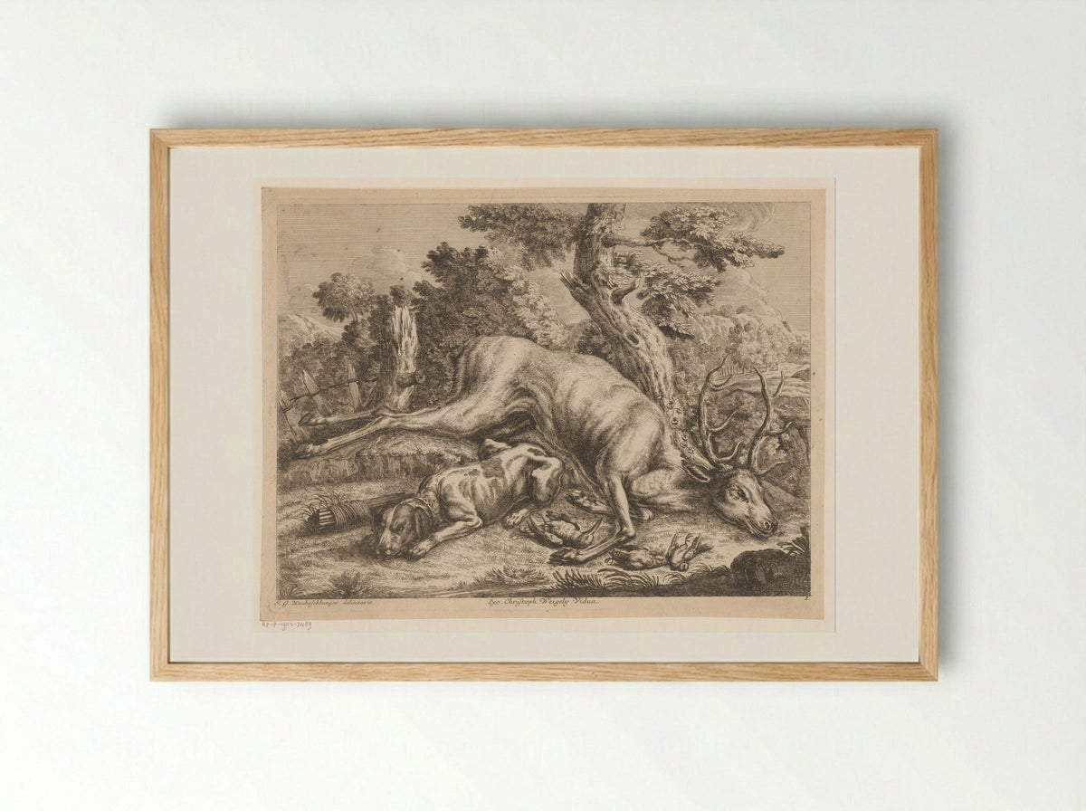 Jachthond en jachtbuit met hert en vogels - Johann Georg Wachsschlunger - Framed Print Wood