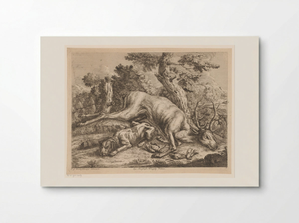 Jachthond en jachtbuit met hert en vogels - Johann Georg Wachsschlunger - Poster