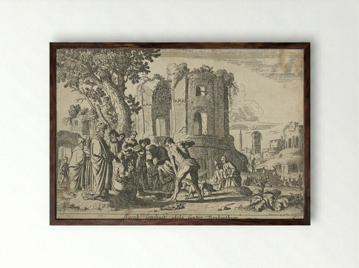 Jacob Burying the Idols under the Terebinth Tree - Nicolaes Moeyaert - Framed Print Dark Wood
