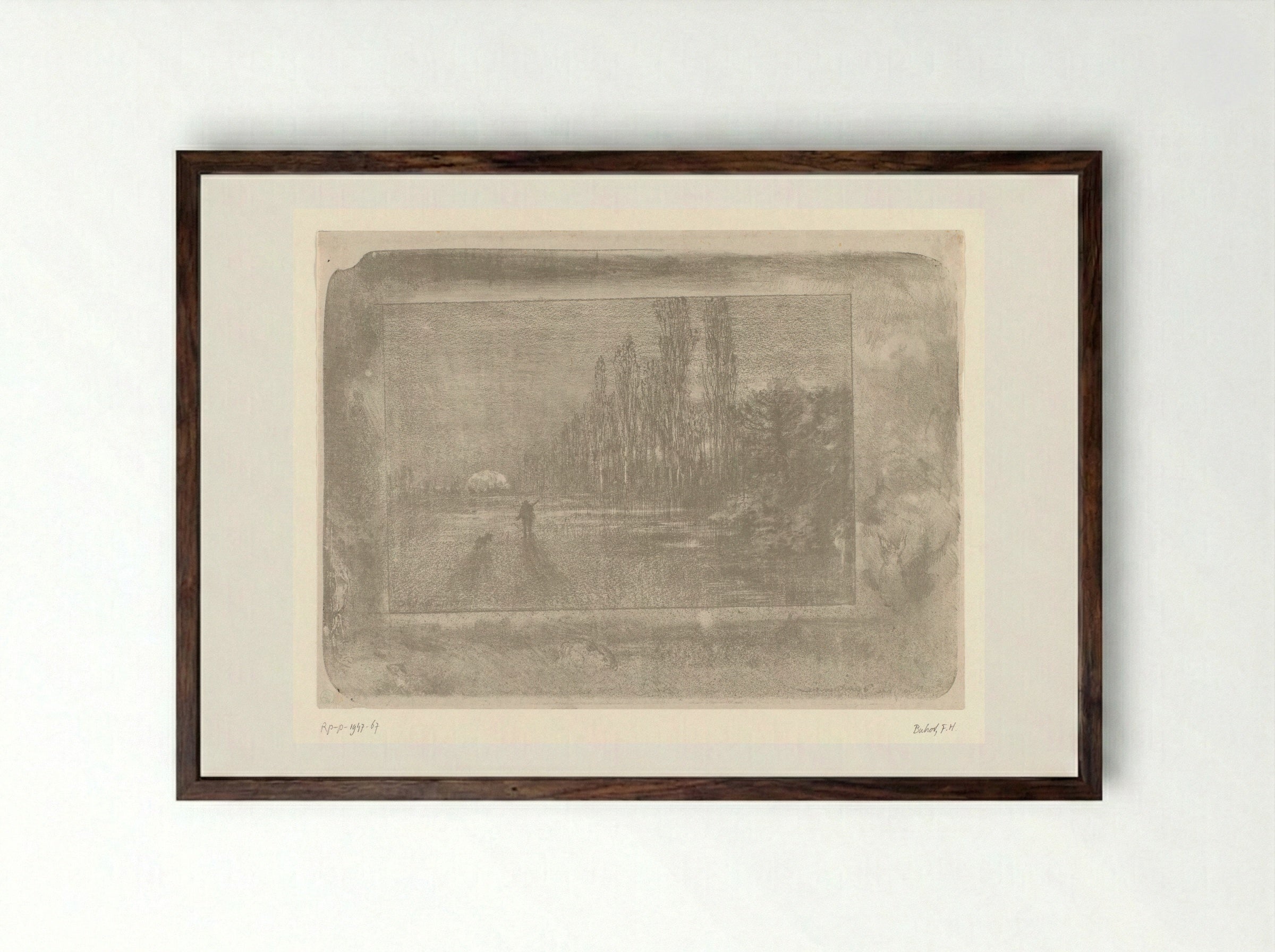 Jager met hond in een landschap bij zonsopkomst - Félix Hilaire Buhot - Framed Print Dark Wood