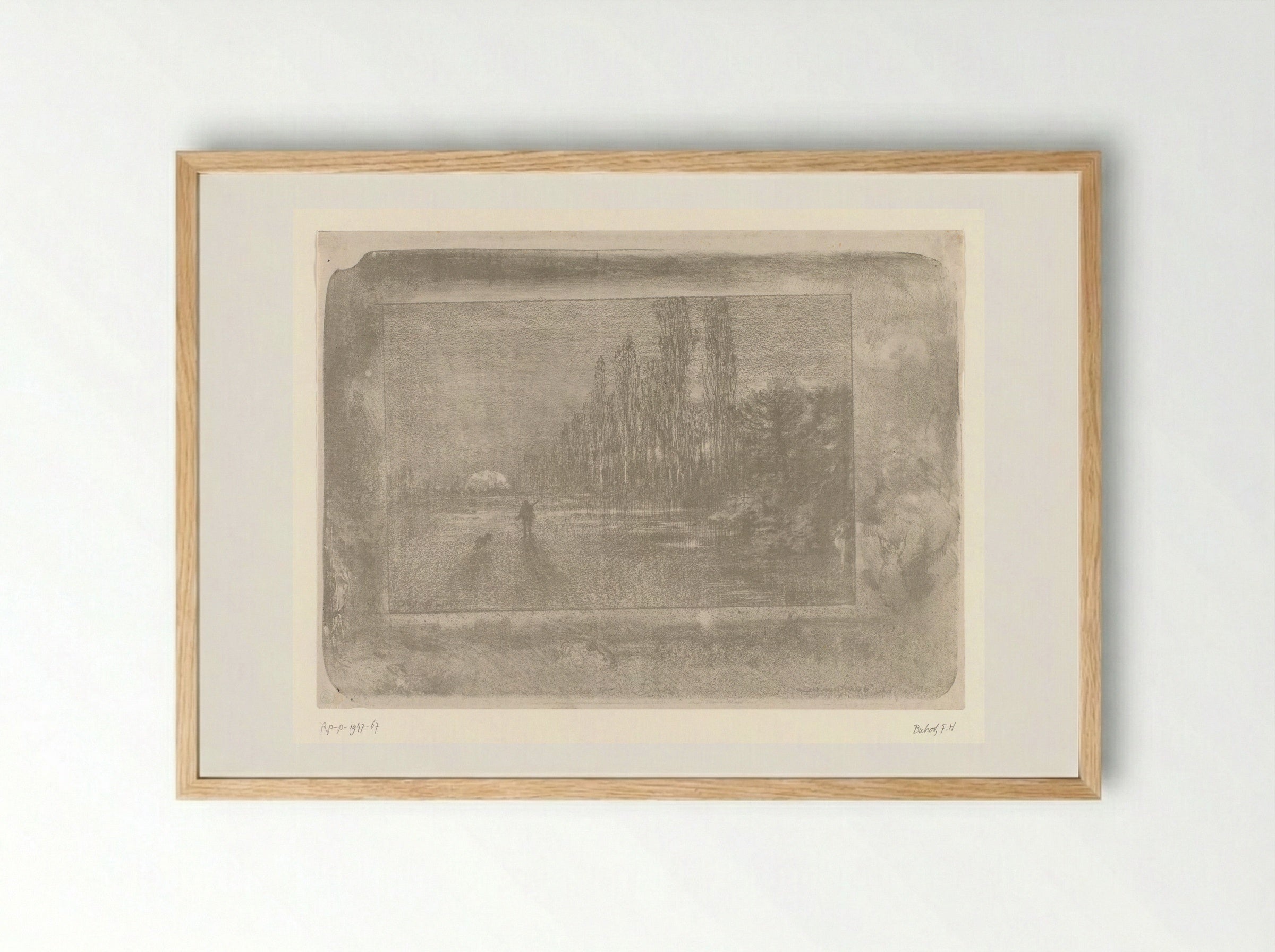 Jager met hond in een landschap bij zonsopkomst - Félix Hilaire Buhot - Framed Print Wood