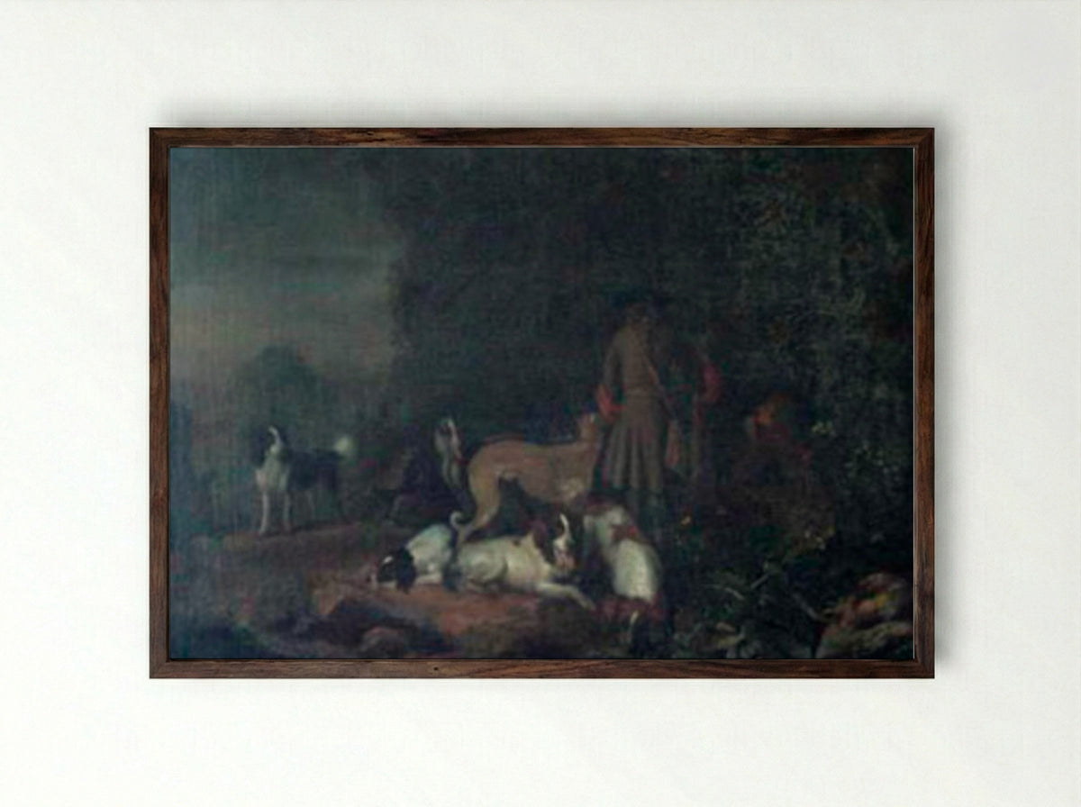 Jager met honden aan bosrand - Adriaen Cornelisz Beeldemaker - Framed Print Dark Wood