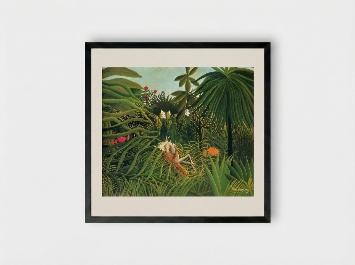 Jaguar Attacking a Horse by Henri Rousseau – Naïve Art Jungle Conflict Print - Framed Print Black
