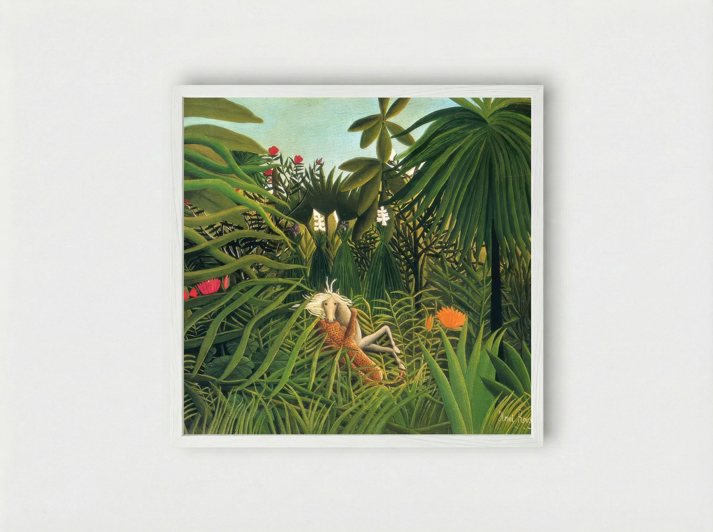 Jaguar Attacking a Horse by Henri Rousseau – Naïve Art Jungle Conflict Print - Framed Print White