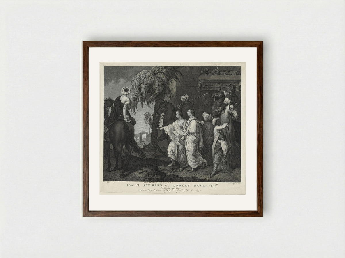 James Dawkins and Robert Wood Esq., First Discovering Sight of Palmyra - John Hall - Framed Print Dark Wood