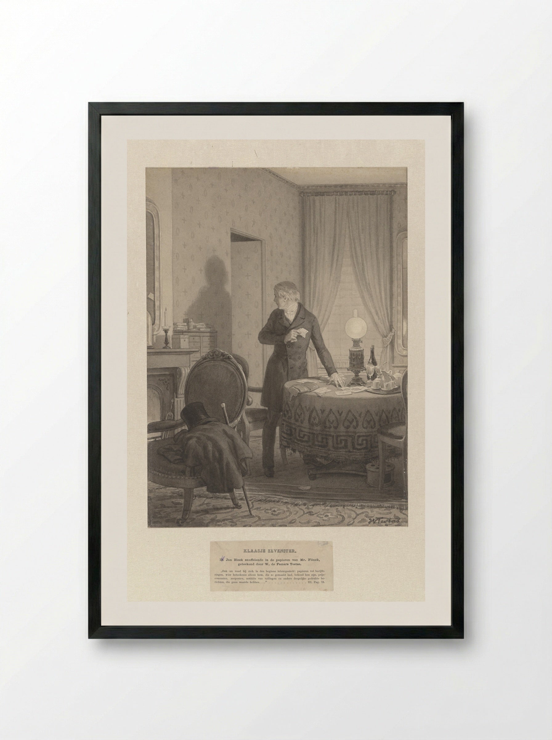 Jan Bleek snuffelende in de papieren van Mr. Flinck - Willem de Famars Testas - Framed Print Black