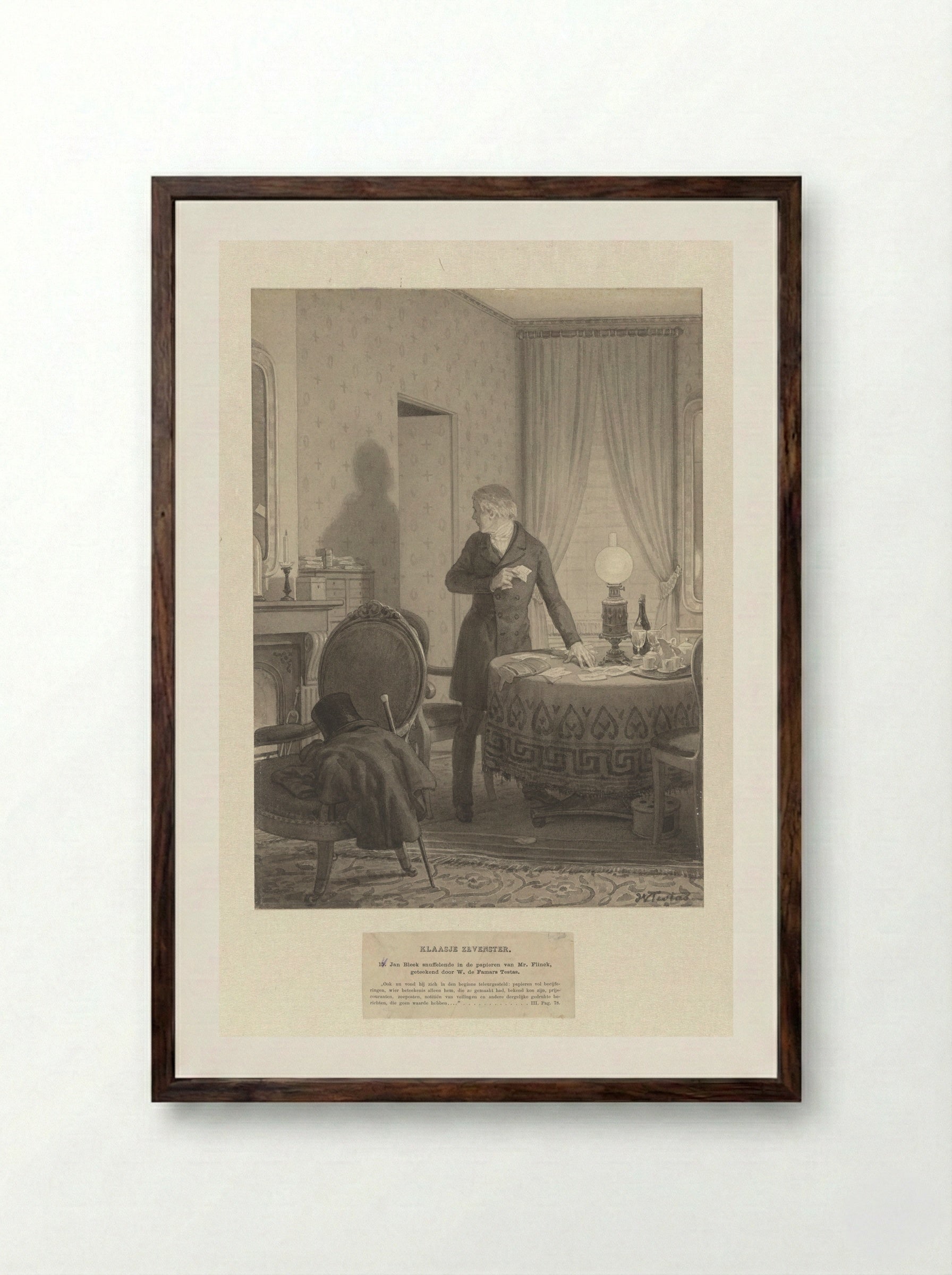 Jan Bleek snuffelende in de papieren van Mr. Flinck - Willem de Famars Testas - Framed Print Dark Wood