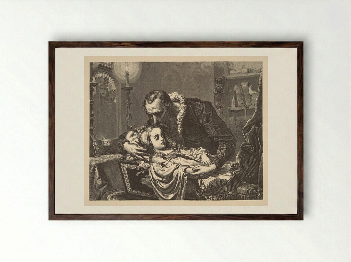 Jan Kochanowski over the dead body of his daughter - Jan Matejko - Framed Print Dark Wood