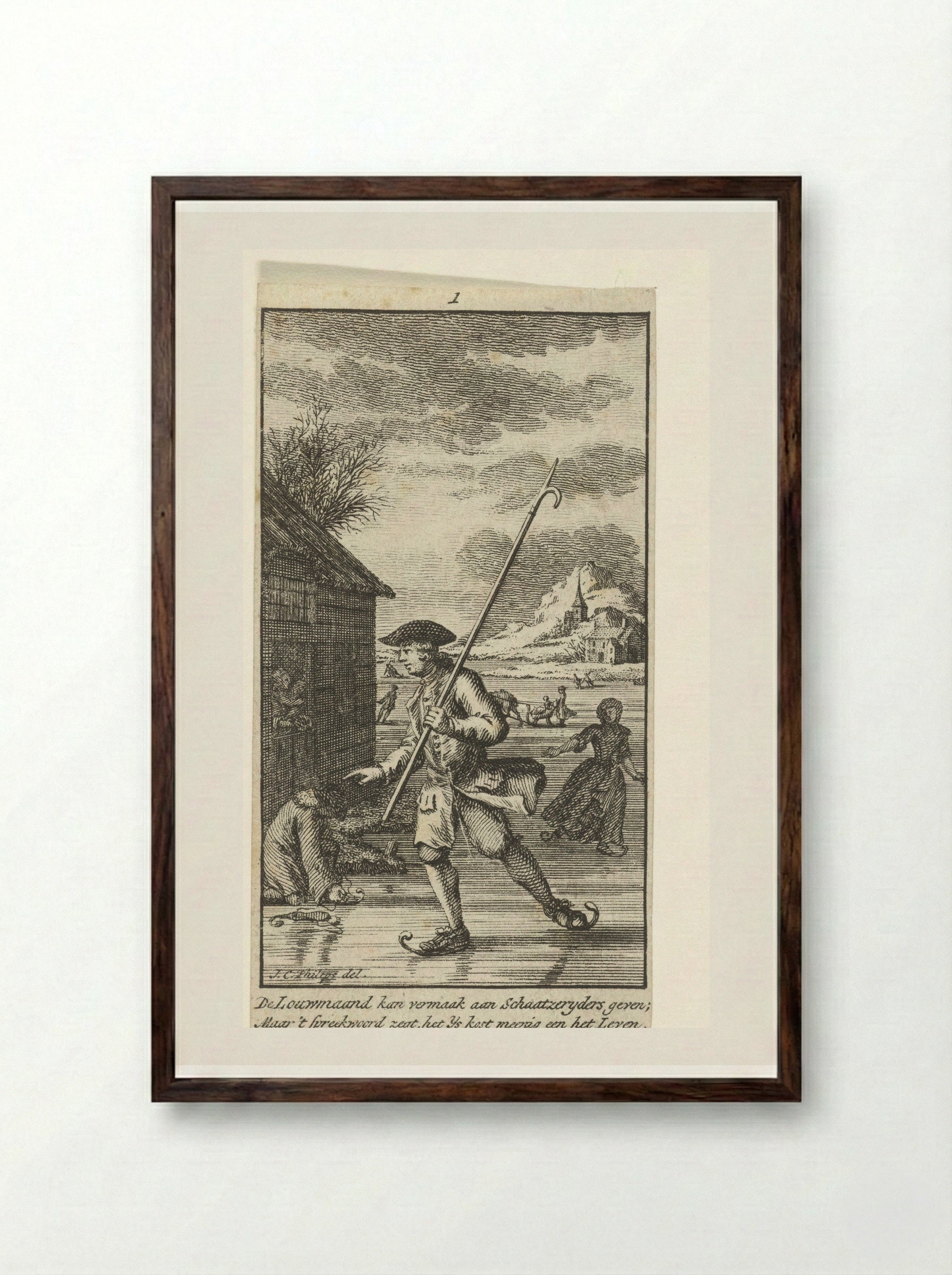 Januari: schaatser op het ijs - Jan Caspar Philips - Framed Print Dark Wood