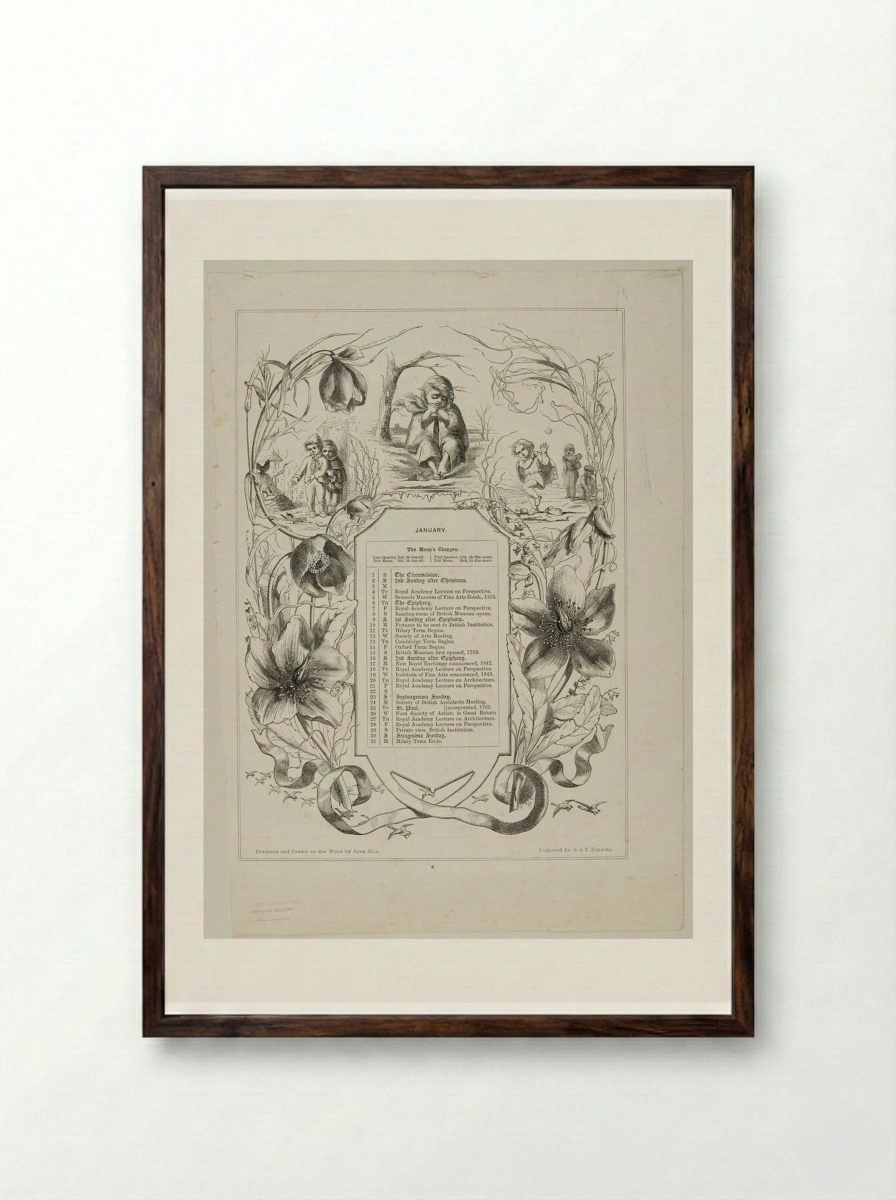 January (Calendar Illustration) - Edward Dalziel - Framed Print Dark Wood