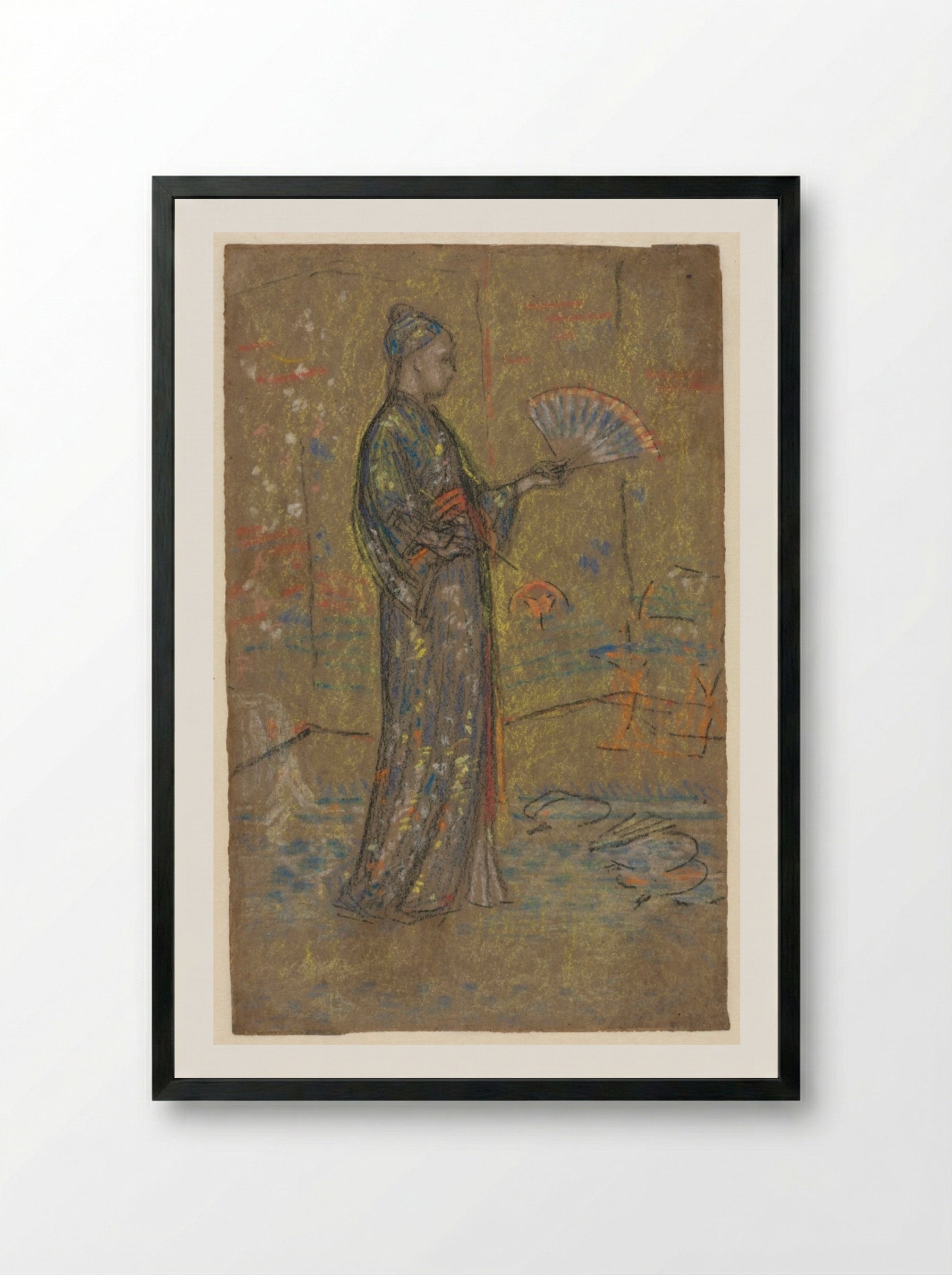 Japanese Woman Painting a Fan (recto) - James McNeill Whistler - Framed Print Black