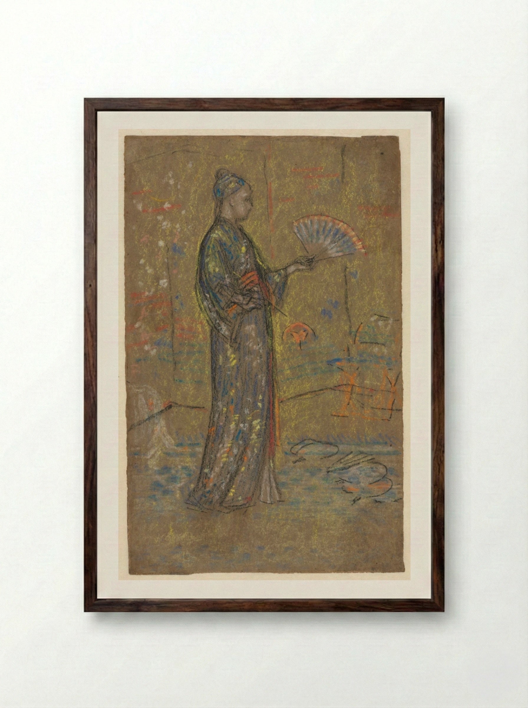 Japanese Woman Painting a Fan (recto) - James McNeill Whistler - Framed Print Dark Wood