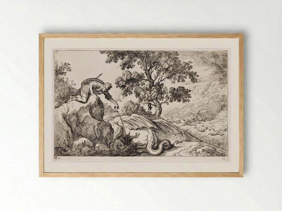 Jason Pours a Sleeping Potion into the Eyes of the Dragon Guarding the Golden Fleece - Johann Wilhelm Baur - Framed Print Wood