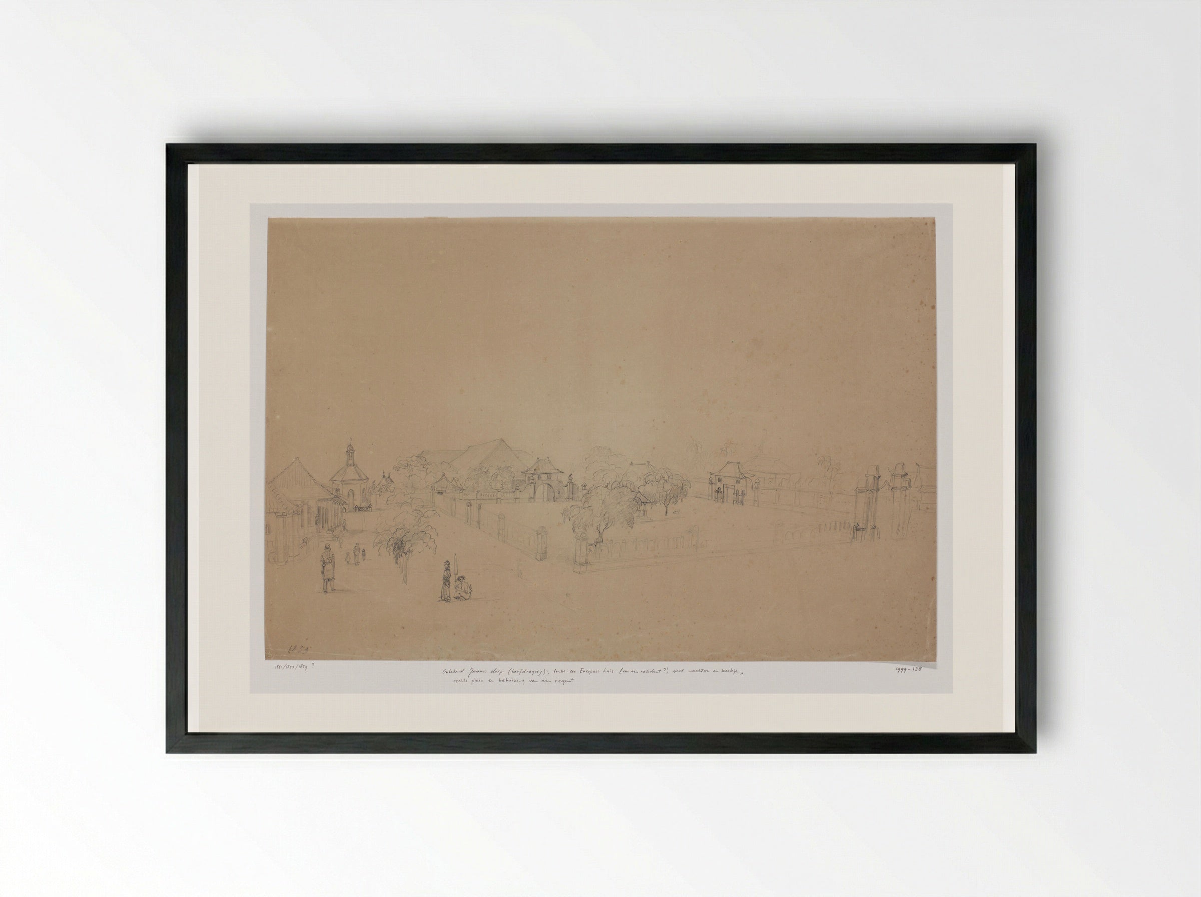 Javaans dorp (hoofdnegorij) met links een Europees huis, West-Java - Adrianus Johannes Bik - Framed Print Black